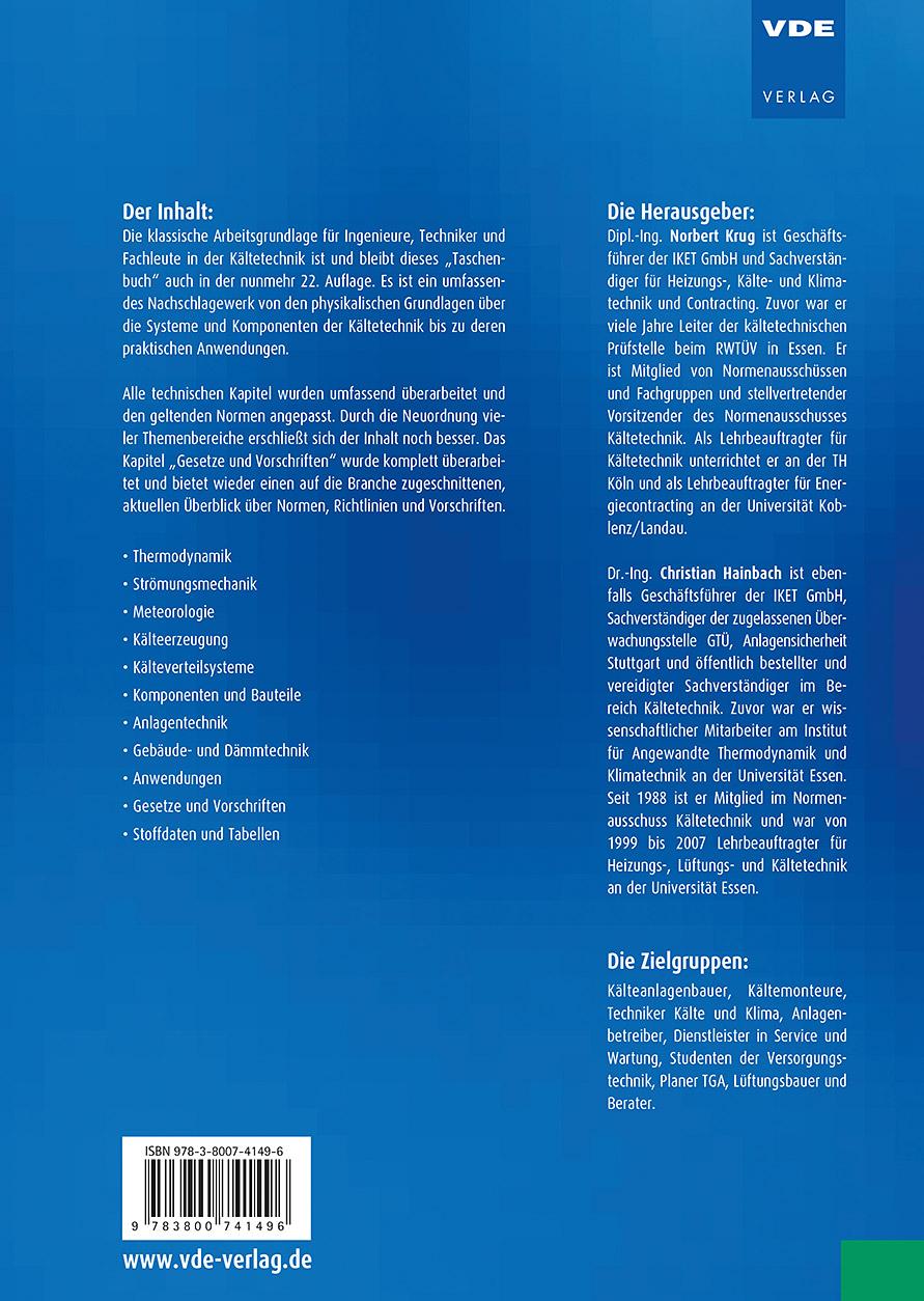 Rückseitencover Pohlmann Taschenbuch der Kältetechnik