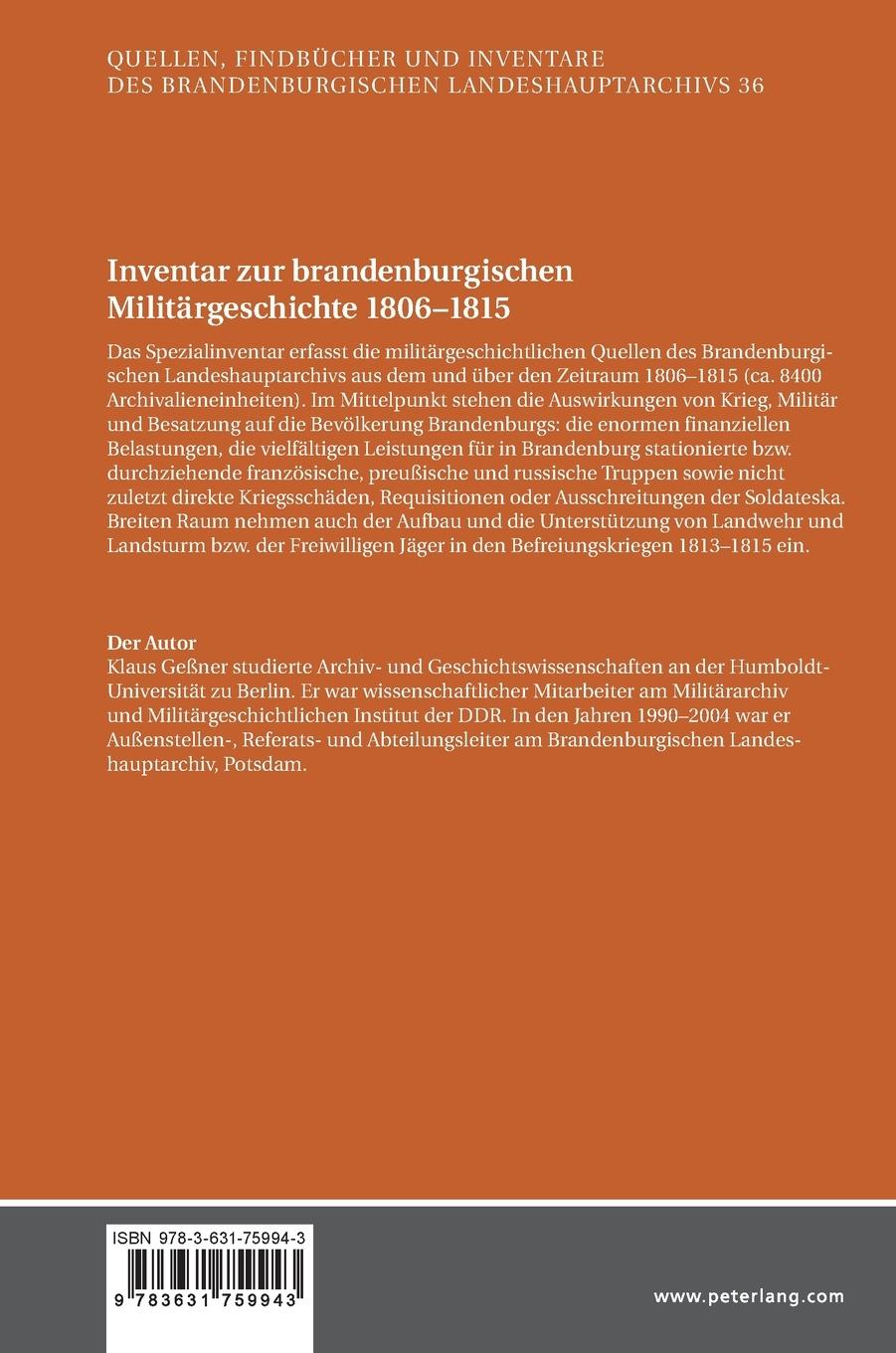 Rückseitencover Inventar zur brandenburgischen Militärgeschichte 1806-1815