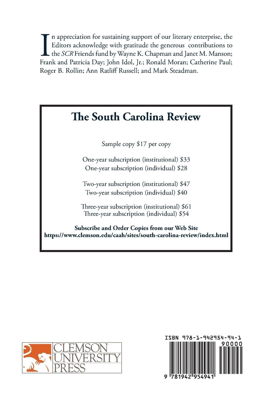 Rückseitencover South Carolina Review