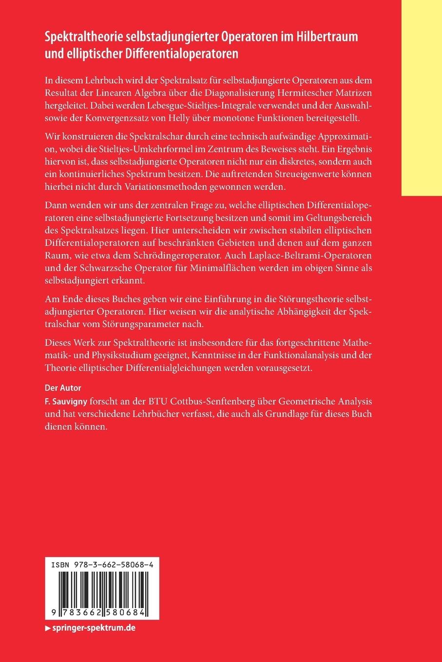 Rückseitencover Spektraltheorie selbstadjungierter Operatoren im Hilbertraum und elliptischer Differentialoperatoren