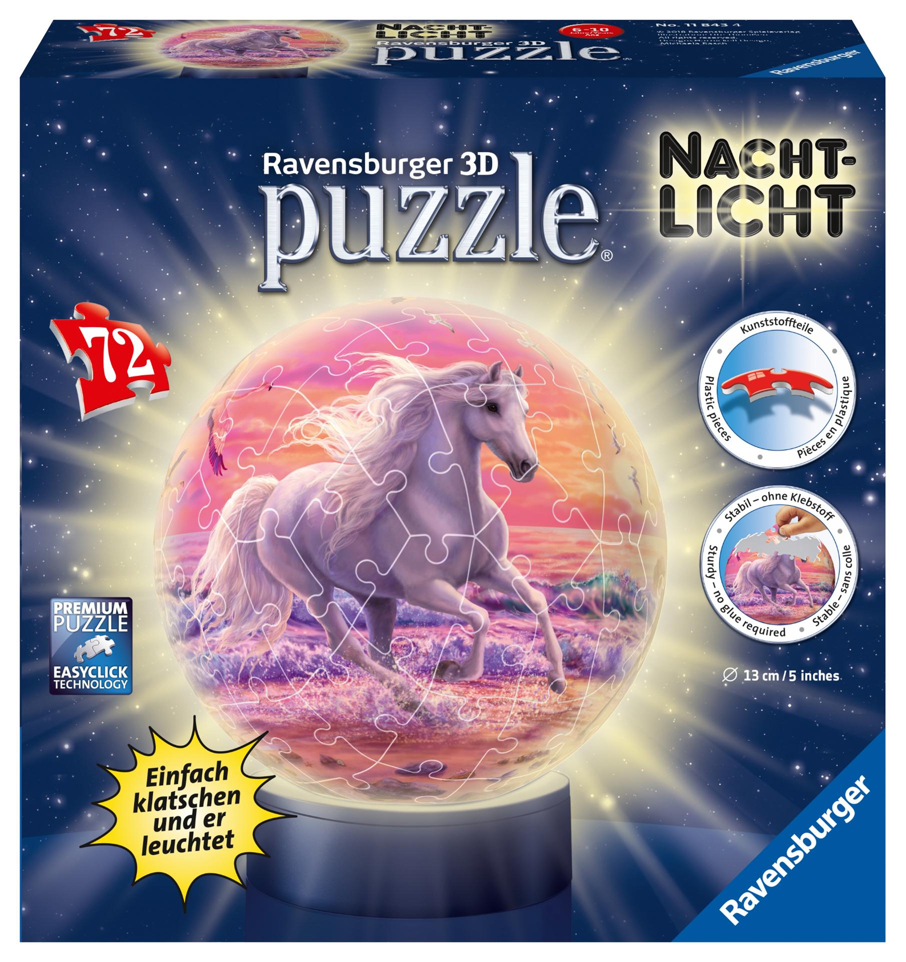 Vorderes Coverbild Pferde am Strand, Nachtlicht 3D Puzzle-Ball 72 Teile