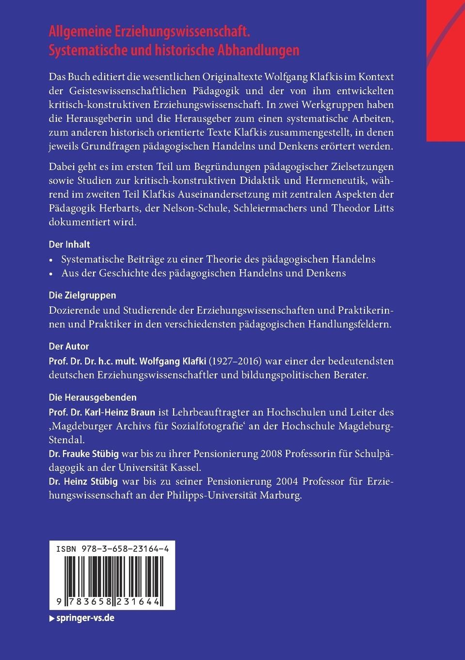 Rückseitencover Allgemeine Erziehungswissenschaft. Systematische und historische Abhandlungen