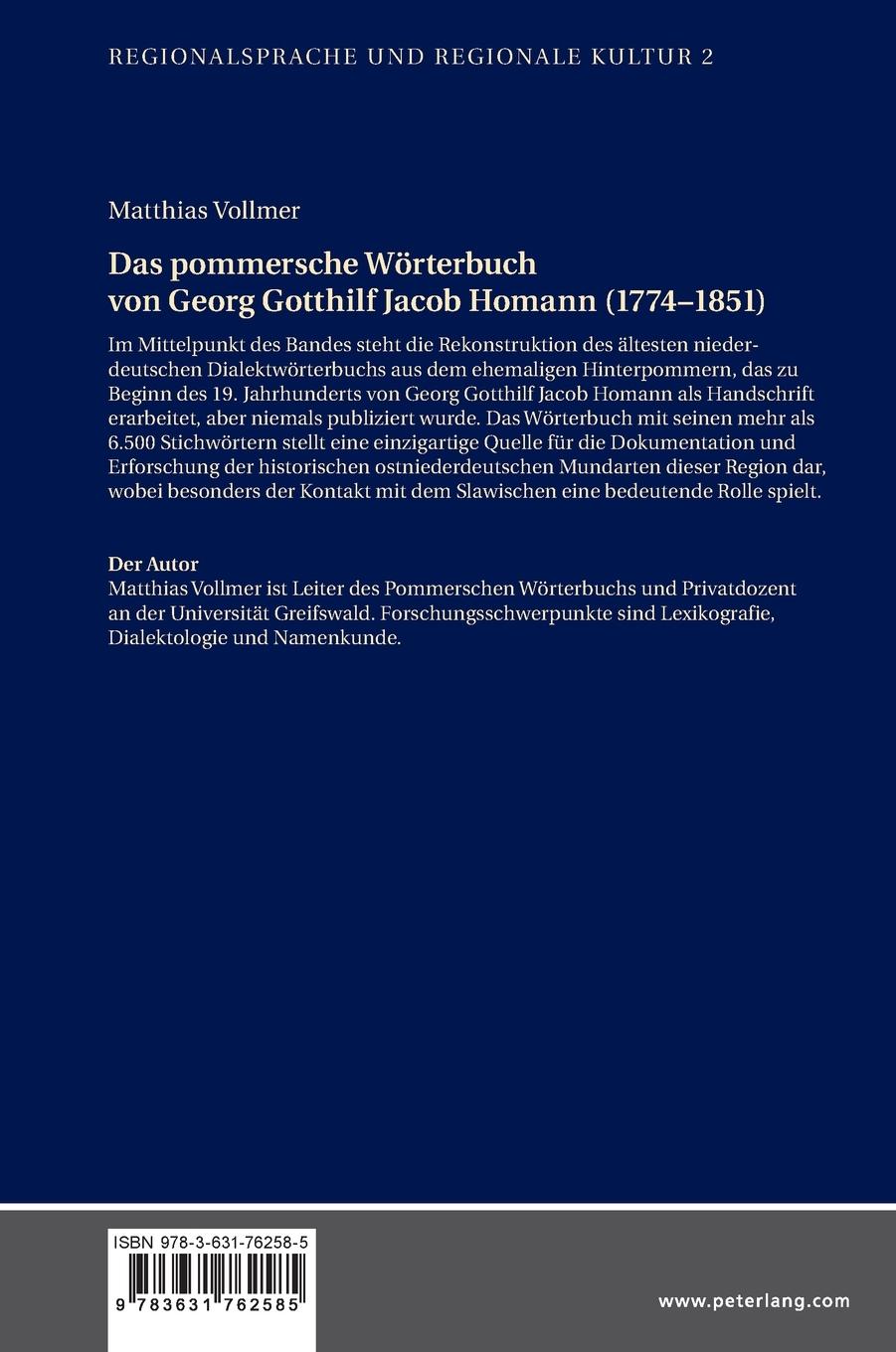 Rückseitencover Das pommersche Wörterbuch von Georg Gotthilf Jacob Homann (1774-1851)