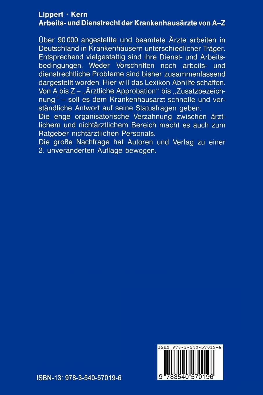 Rückseitencover Arbeits- und Dienstrecht der Krankenhausärzte von A-Z