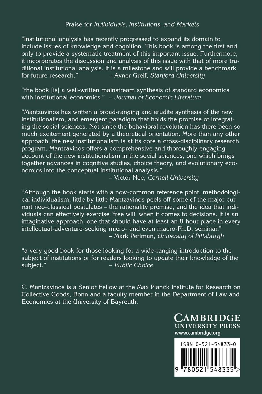 Rückseitencover Individuals, Institutions, and Markets