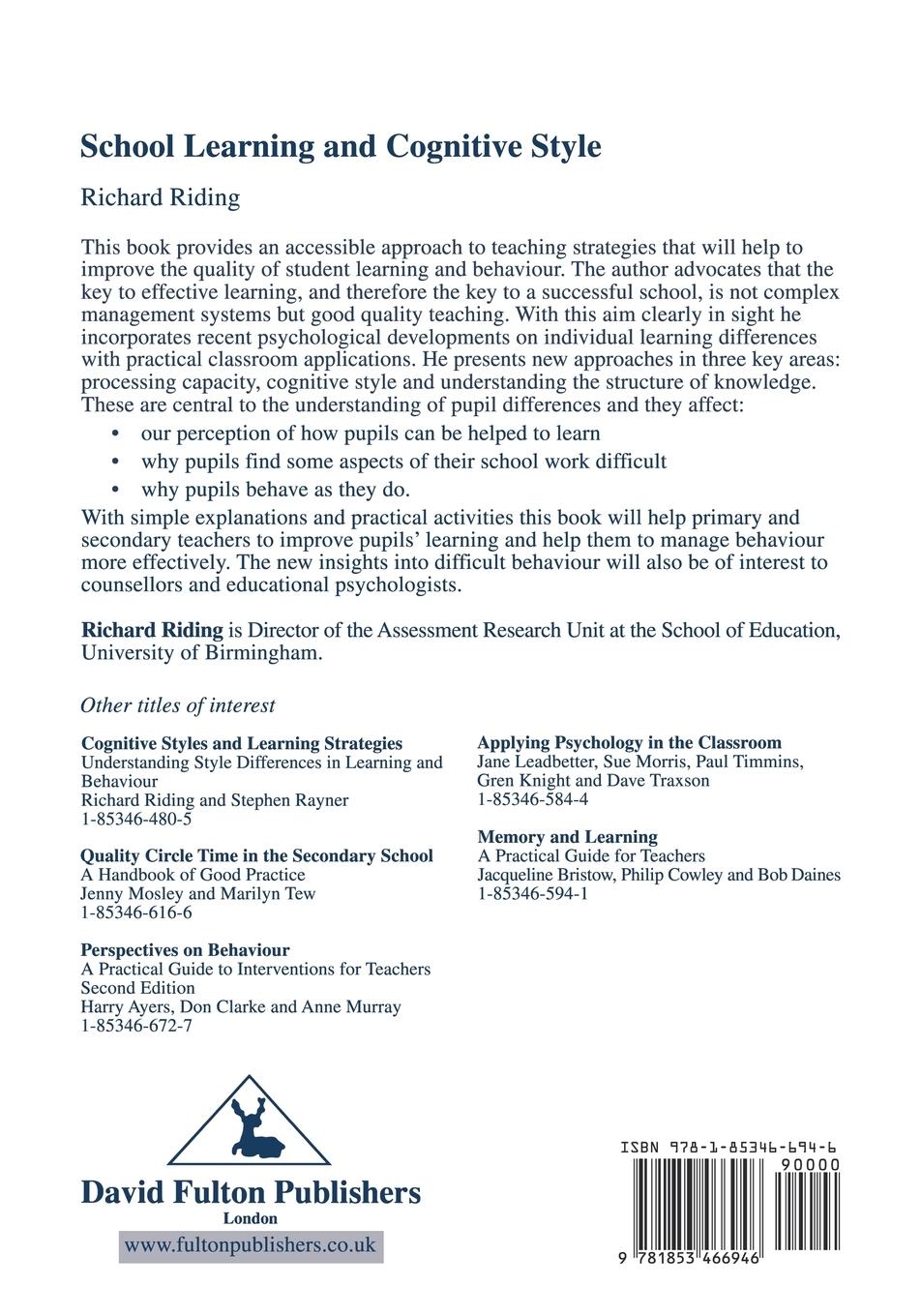 Rückseitencover School Learning and Cognitive Styles