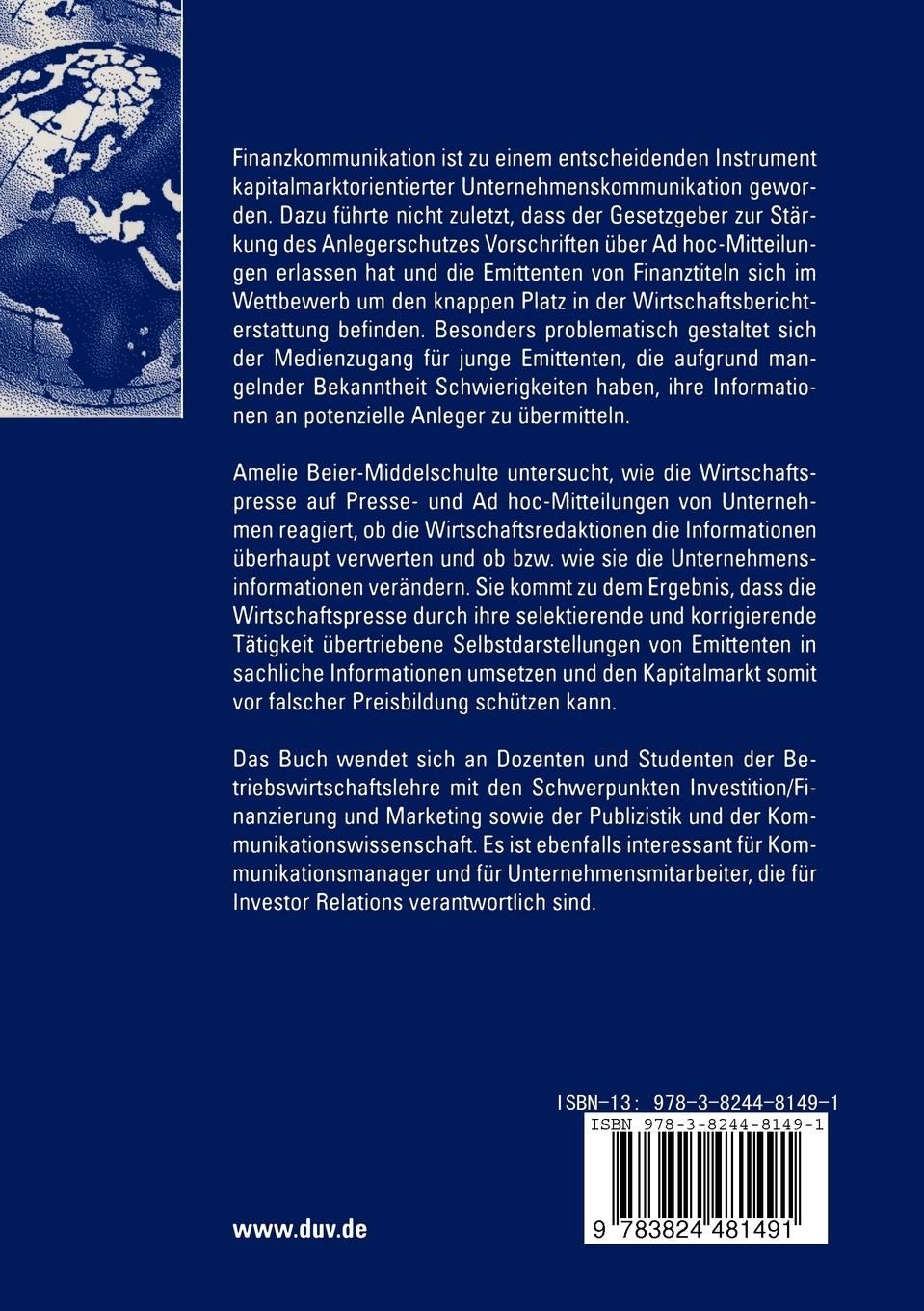 Rückseitencover Finanzkommunikation junger Emittenten