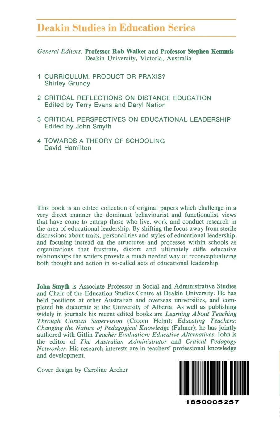 Rückseitencover Critical Perspectives On Educational Leadership