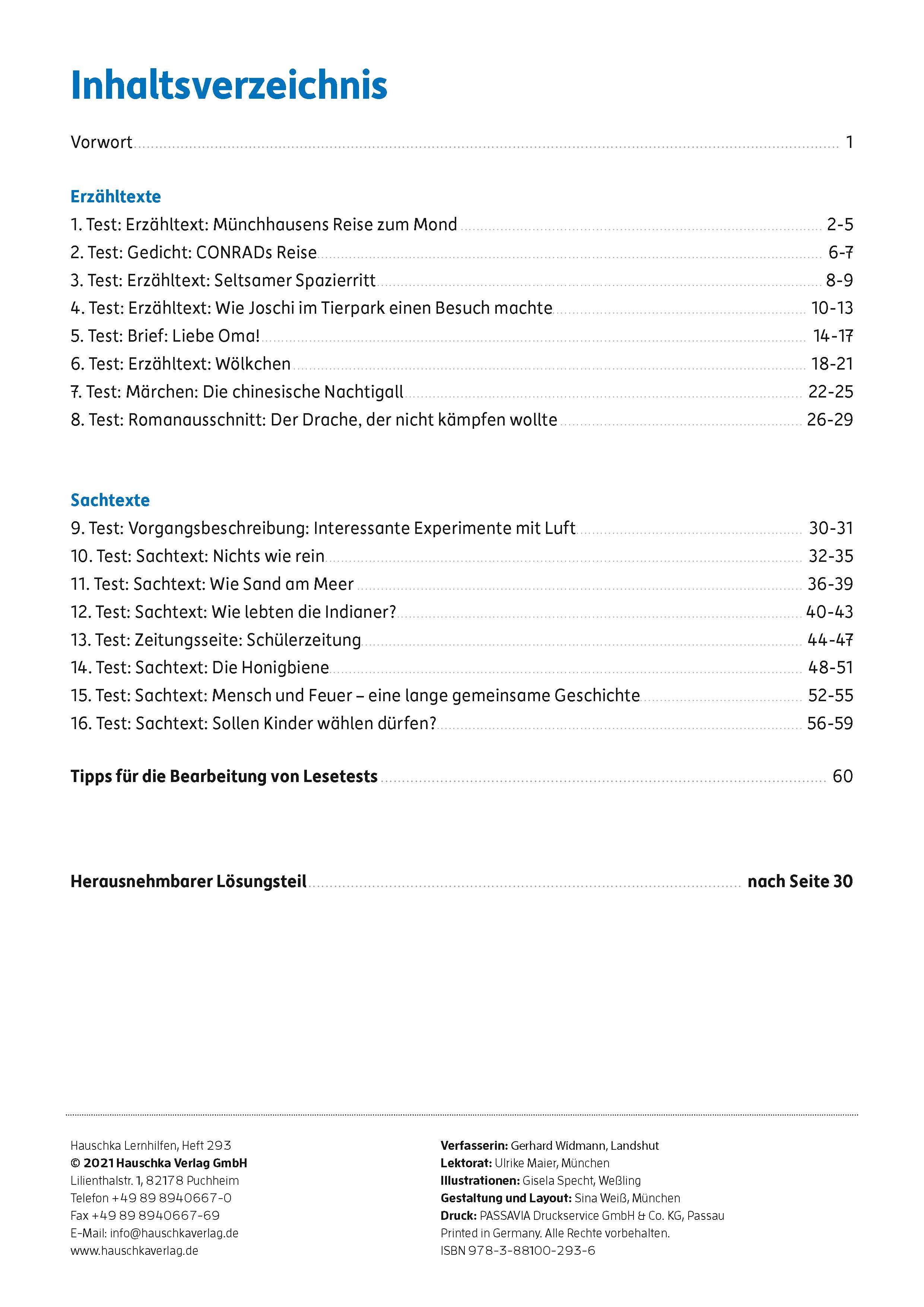 Beispielinhalt (Bild) Lesetests in Deutsch - Lernzielkontrollen 3. Klasse, A4- Heft