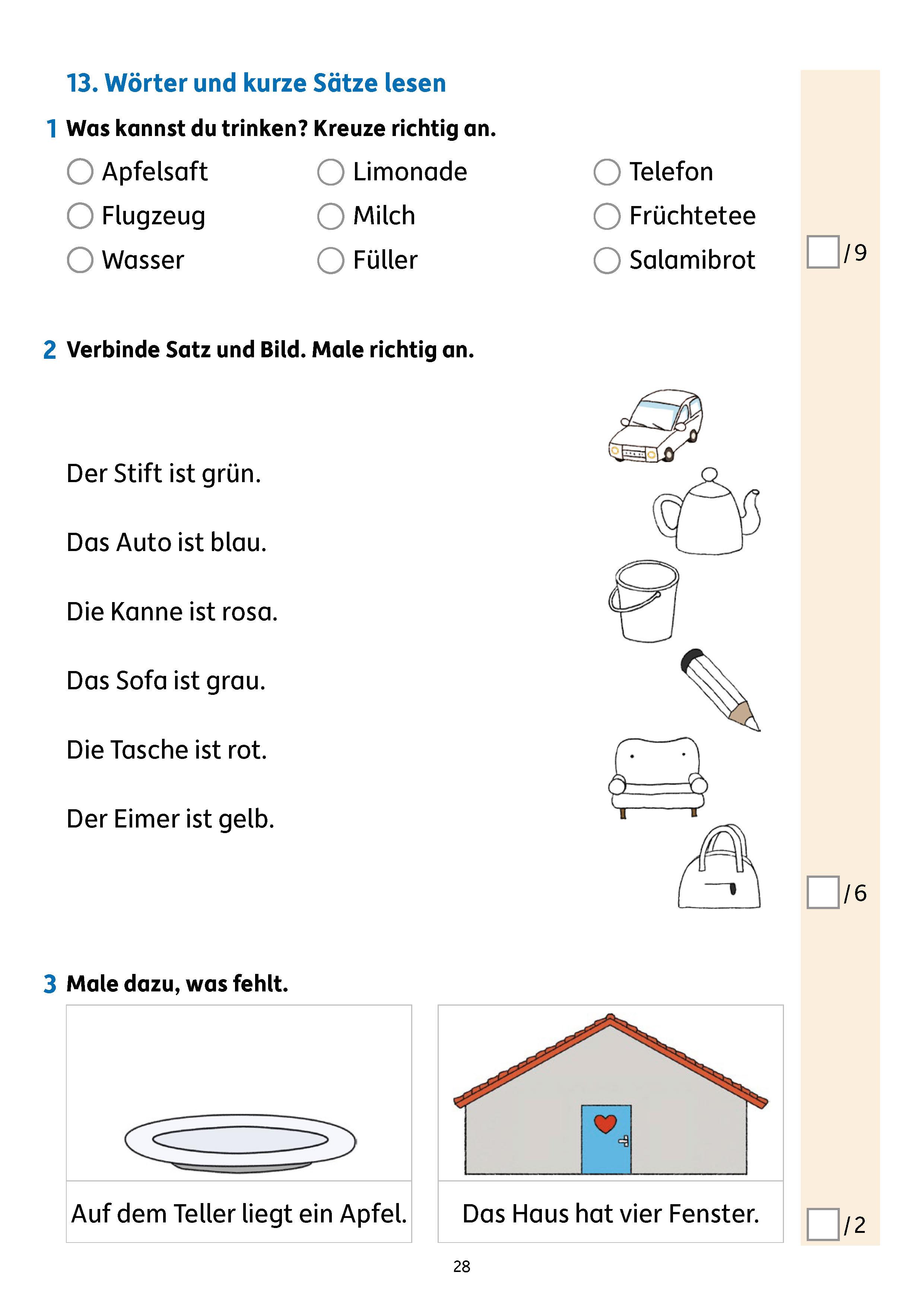 Beispielinhalt (Bild) Übungsheft mit Tests in Deutsch 1. Klasse