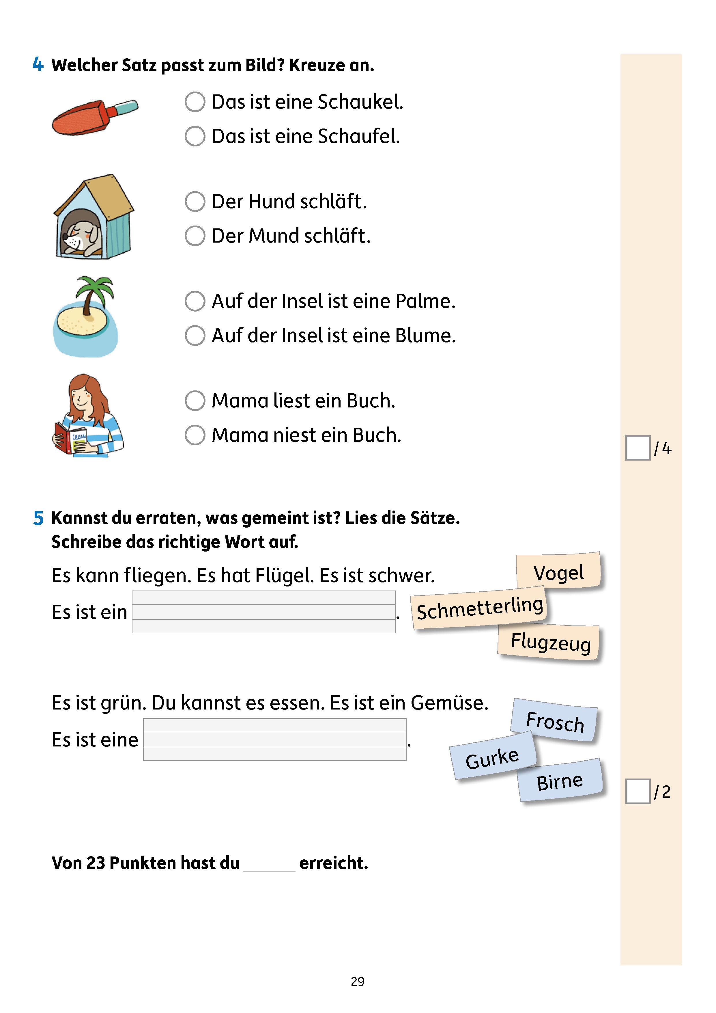 Beispielinhalt (Bild) Übungsheft mit Tests in Deutsch 1. Klasse