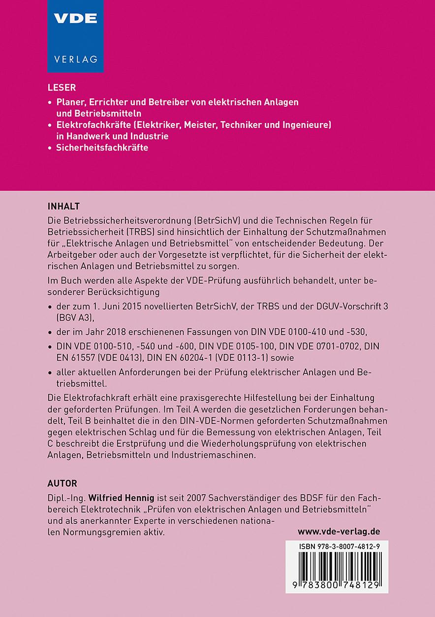 Rückseitencover VDE-Prüfung nach BetrSichV, TRBS und DGUV-Vorschrift 3