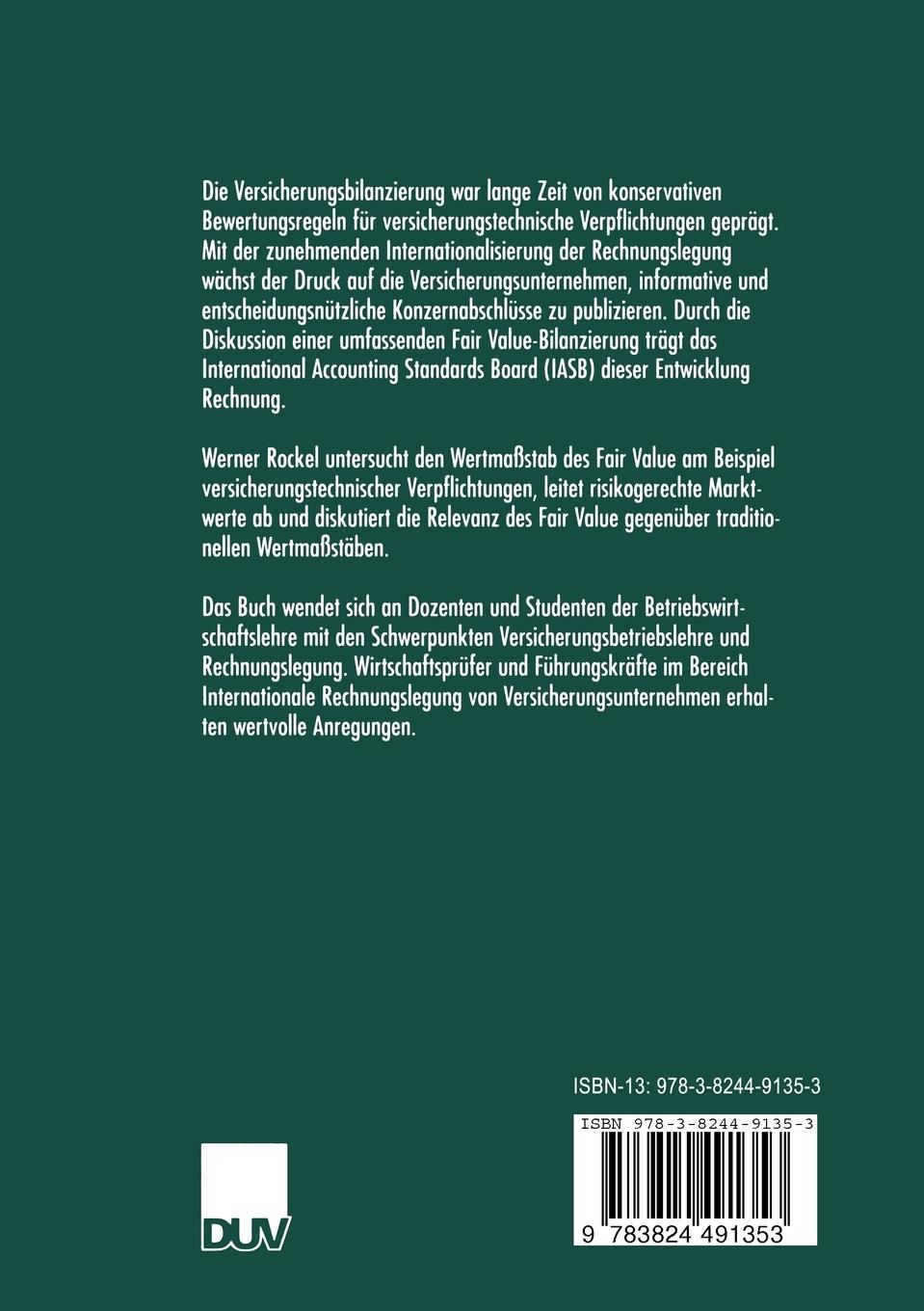 Rückseitencover Fair Value-Bilanzierung versicherungstechnischer Verpflichtungen