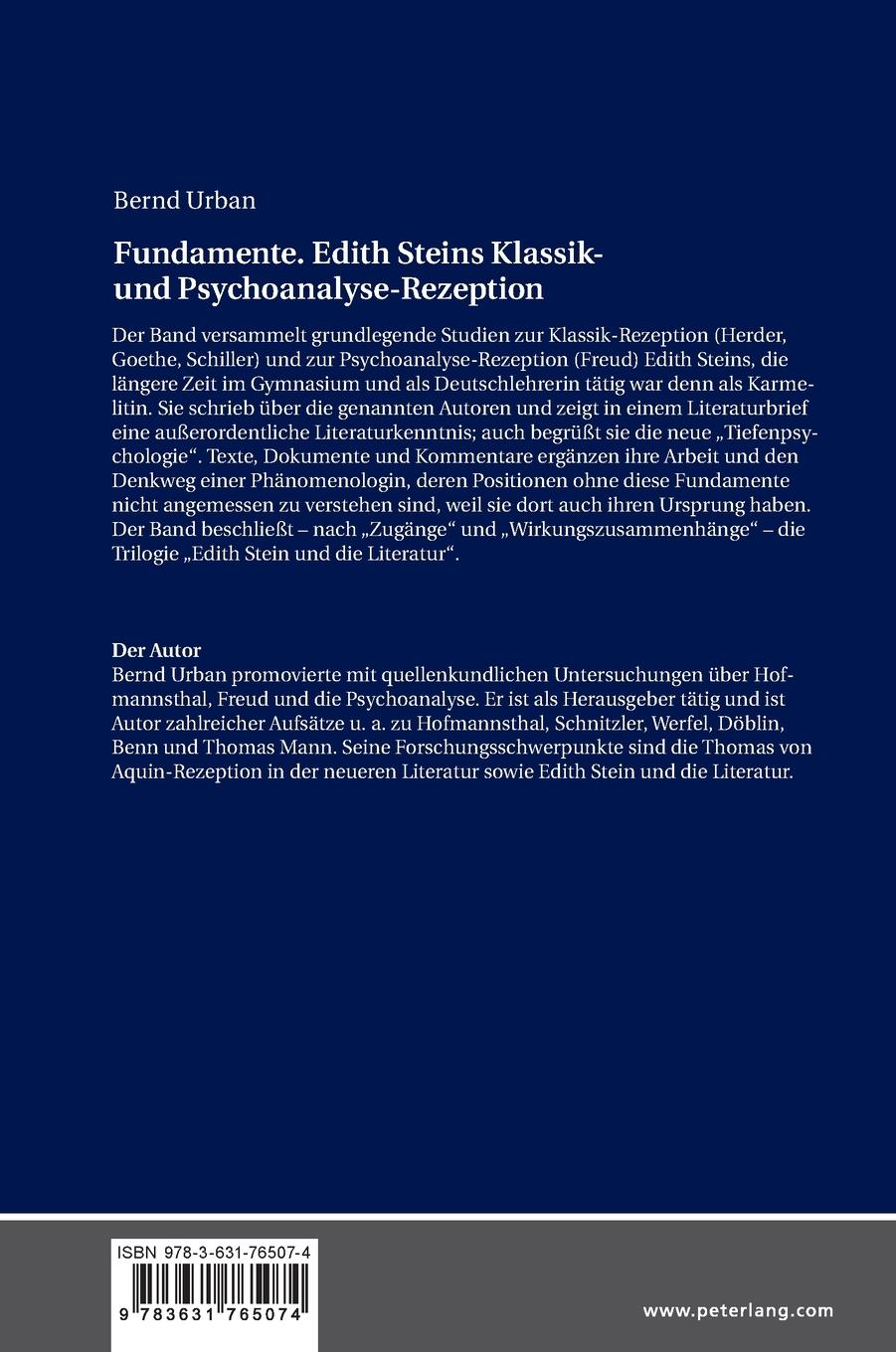 Rückseitencover Fundamente. Edith Steins Klassik- und Psychoanalyse-Rezeption