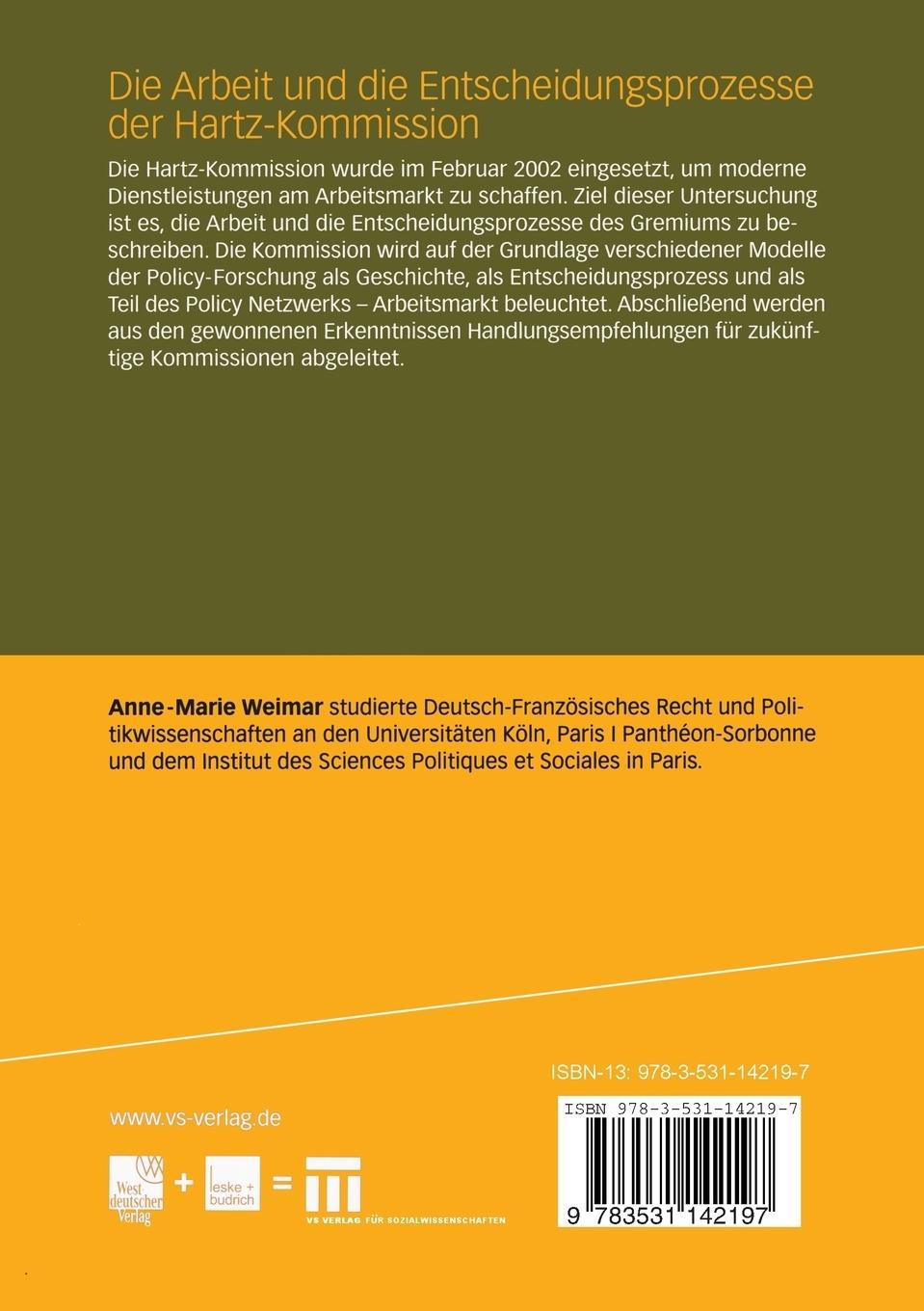 Rückseitencover Die Arbeit und die Entscheidungsprozesse der Hartz-Kommission