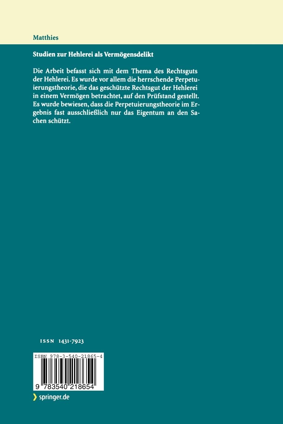 Rückseitencover Studien zur Hehlerei als Vermögensdelikt