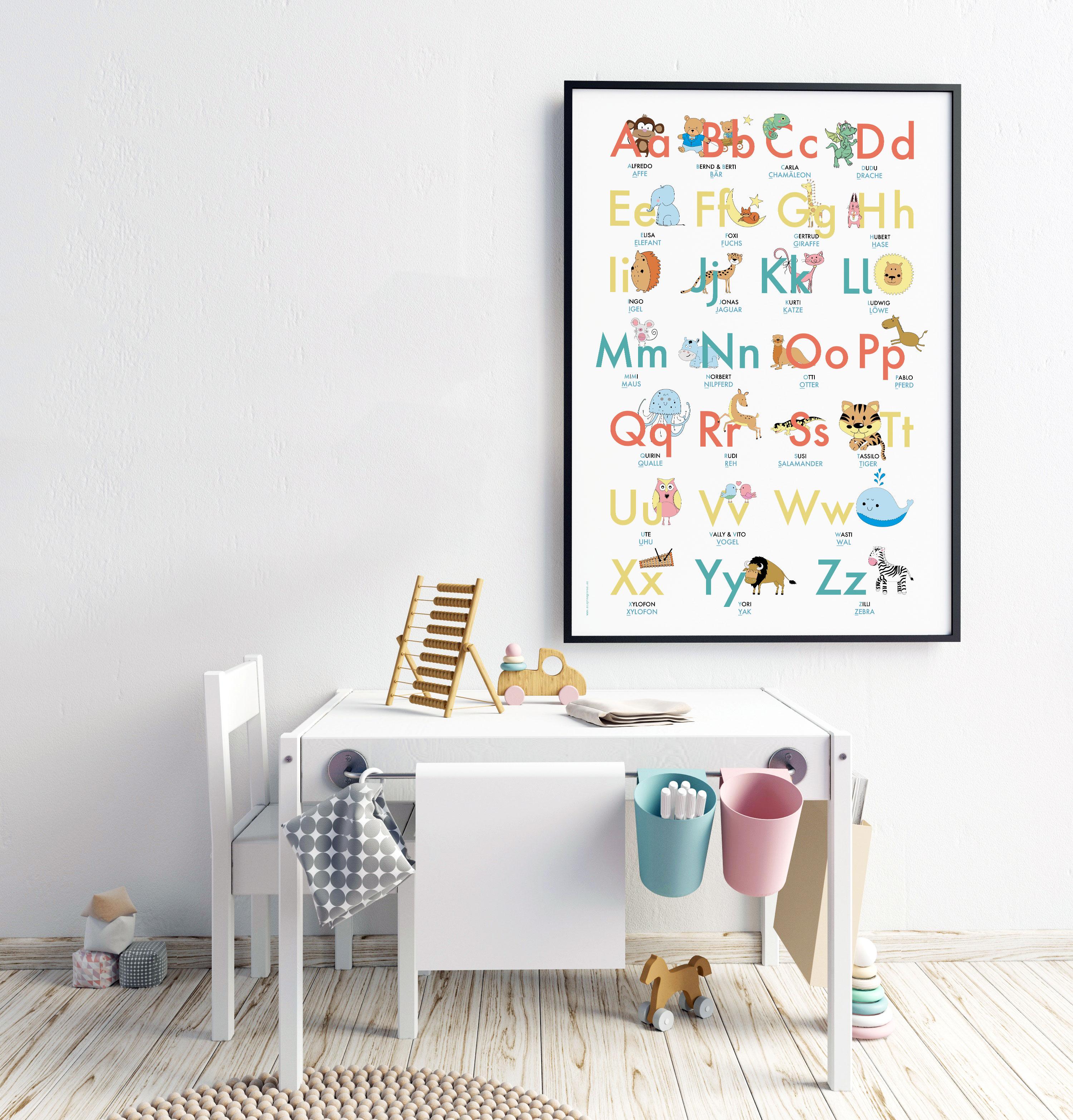 Beispielinhalt (Bild) ABC Poster 70,7x100 cm.  Alphabet spielerisch mit Tieren lernen | Das ABC-Lernposter mit Groß- und Kleinbuchstaben |