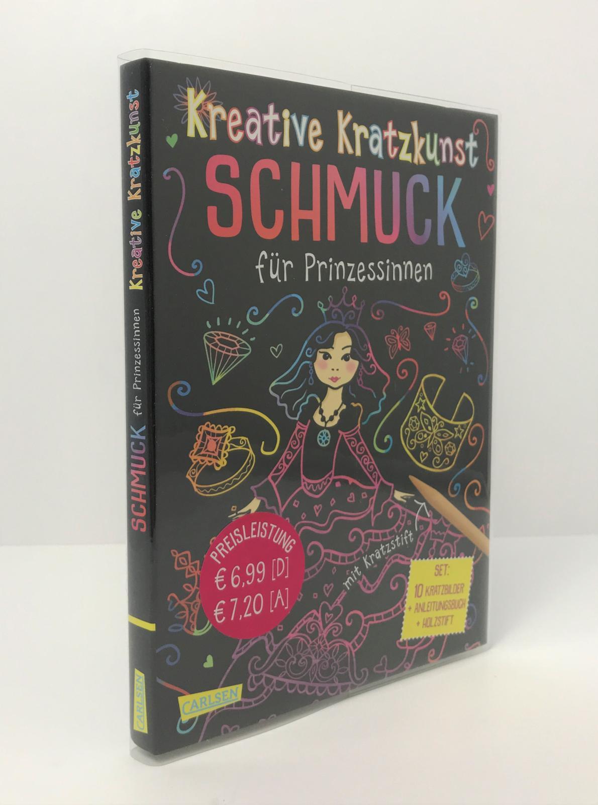 Beispielinhalt (Bild) Kreative Kratzkunst: Schmuck für Prinzessinnen: Set mit 10 Kratzbildern, Anleitungsbuch und Holzstift