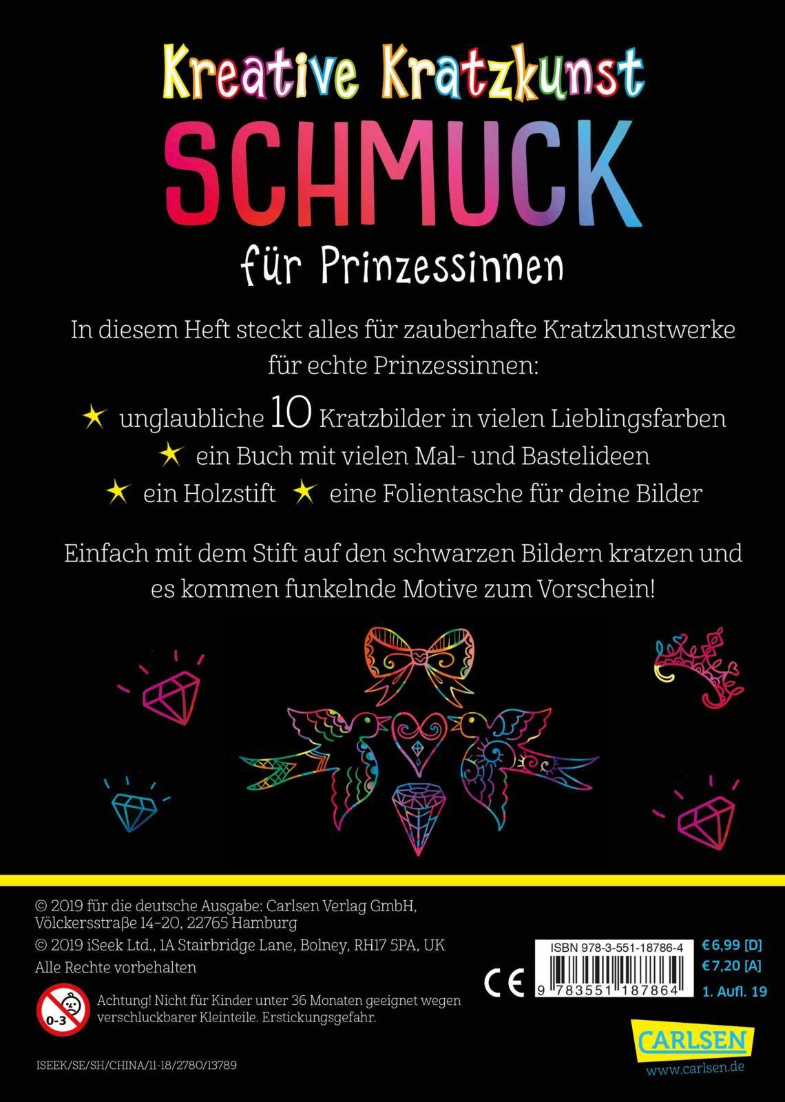 Rückseitencover Kreative Kratzkunst: Schmuck für Prinzessinnen: Set mit 10 Kratzbildern, Anleitungsbuch und Holzstift