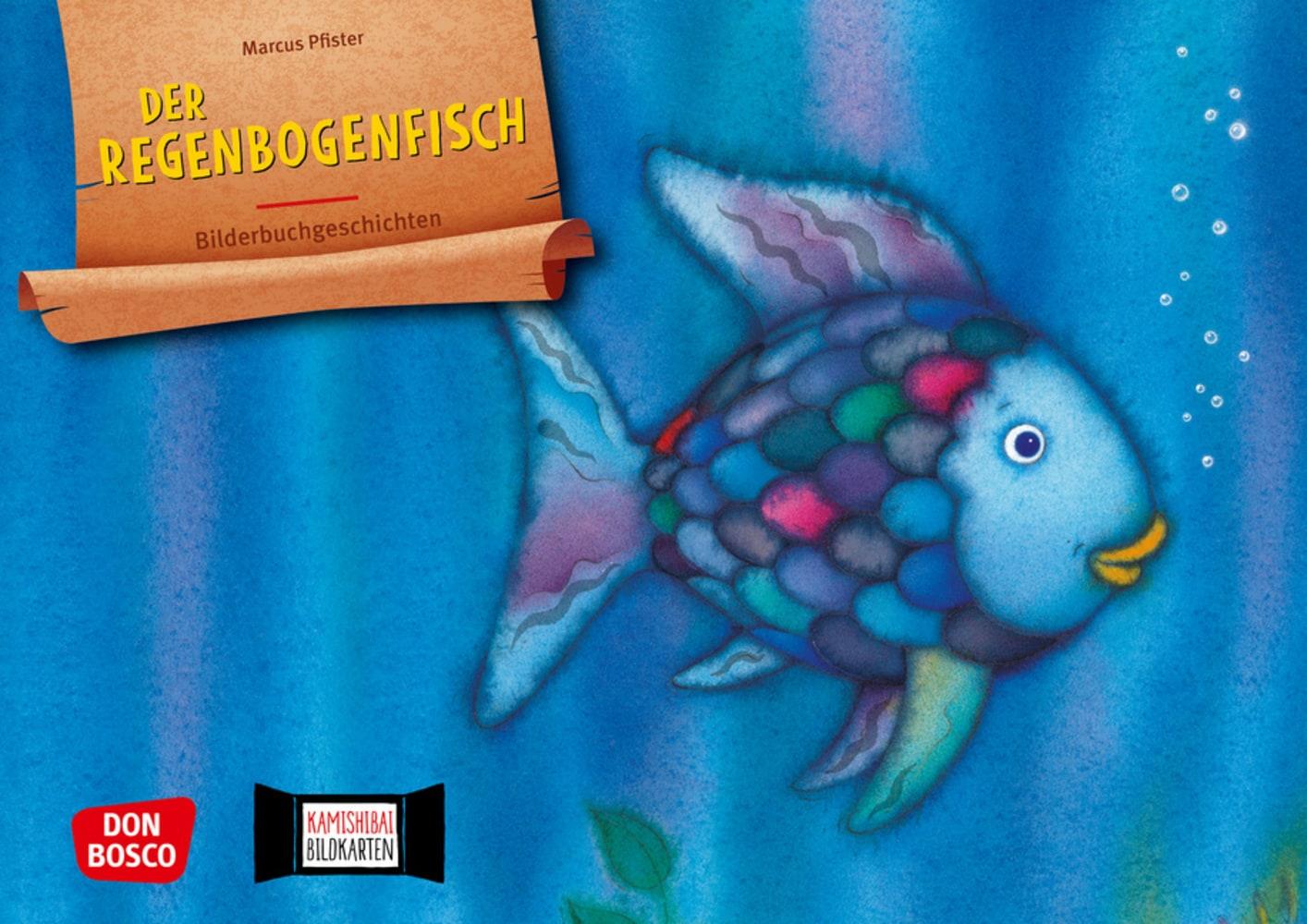 Vorderes Coverbild Der Regenbogenfisch, mit schillernden Schuppen. Kamishibai Bildkartenset.