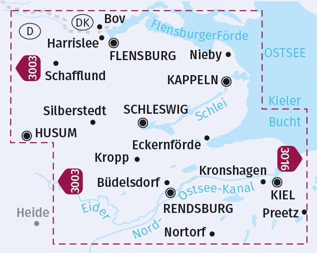 Rückseitencover KOMPASS Fahrradkarte Flensburg Binnenland, Schleswig, Kiel 1:70.000, FK 3310