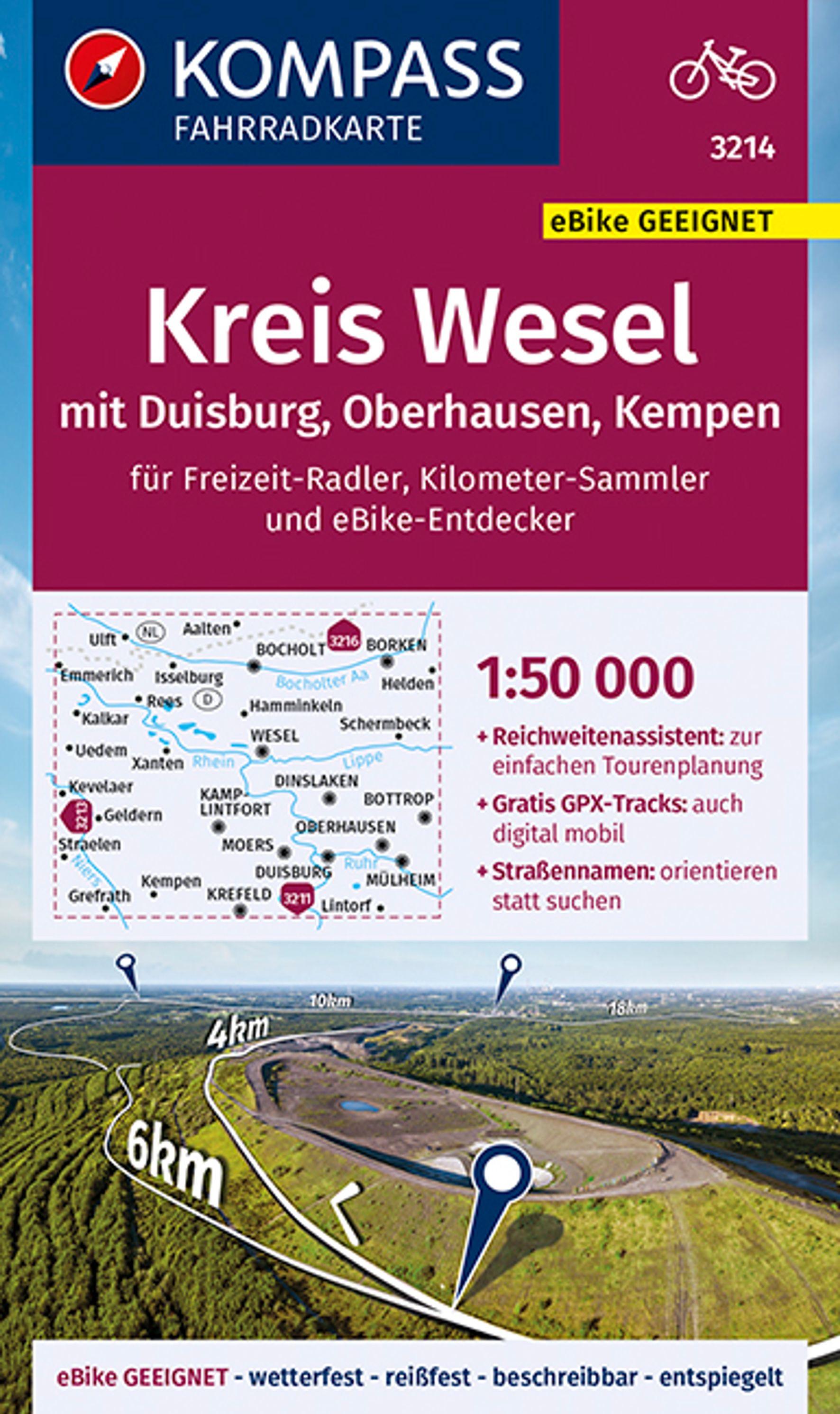 Vorderes Coverbild KOMPASS Fahrradkarte 3214 Kreis Wesel mit Duisburg, Oberhausen, Kempen 1:50.000