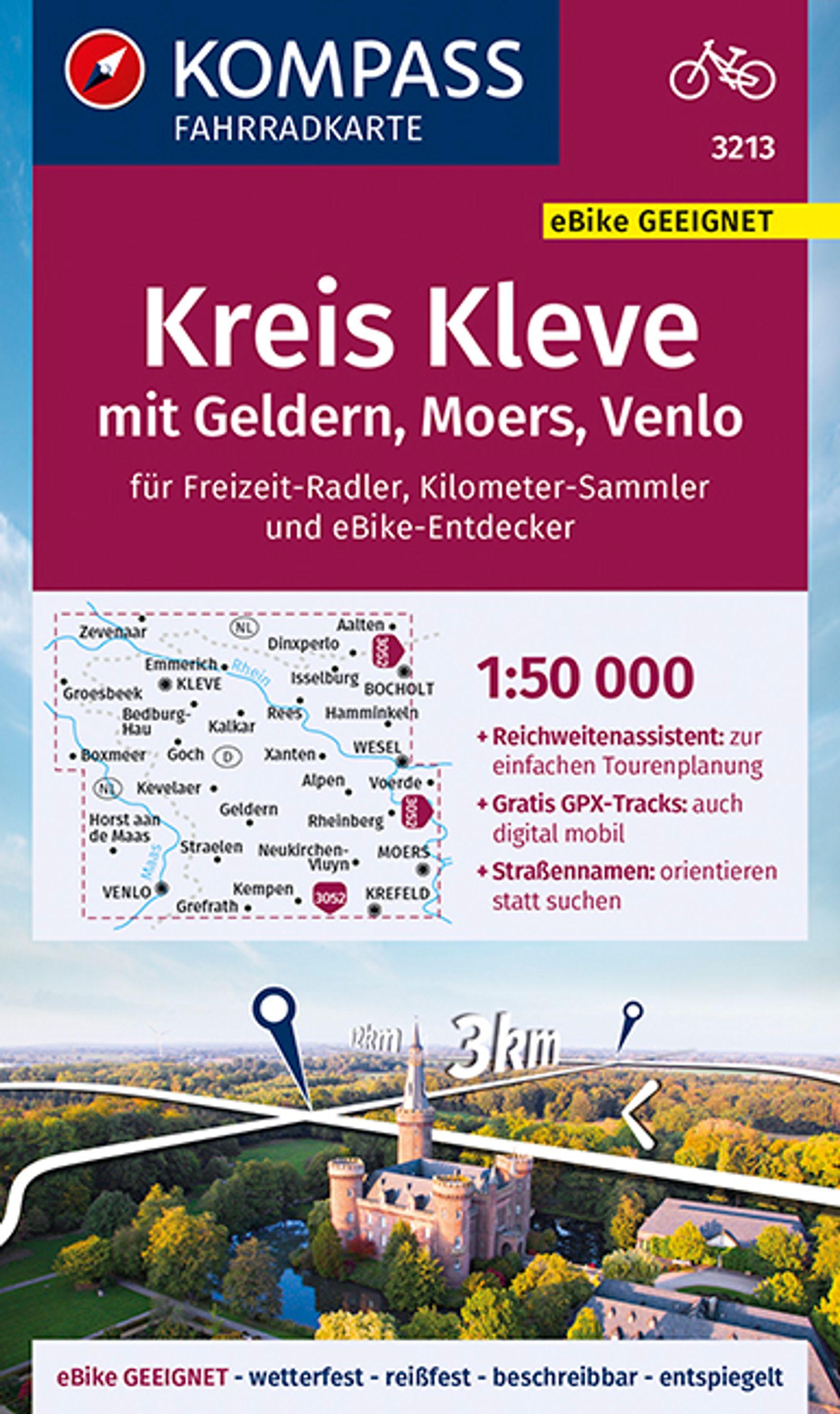 Vorderes Coverbild KOMPASS Fahrradkarte 3213 Kreis Kleve mit Geldern, Moers, Venl 1:50.000