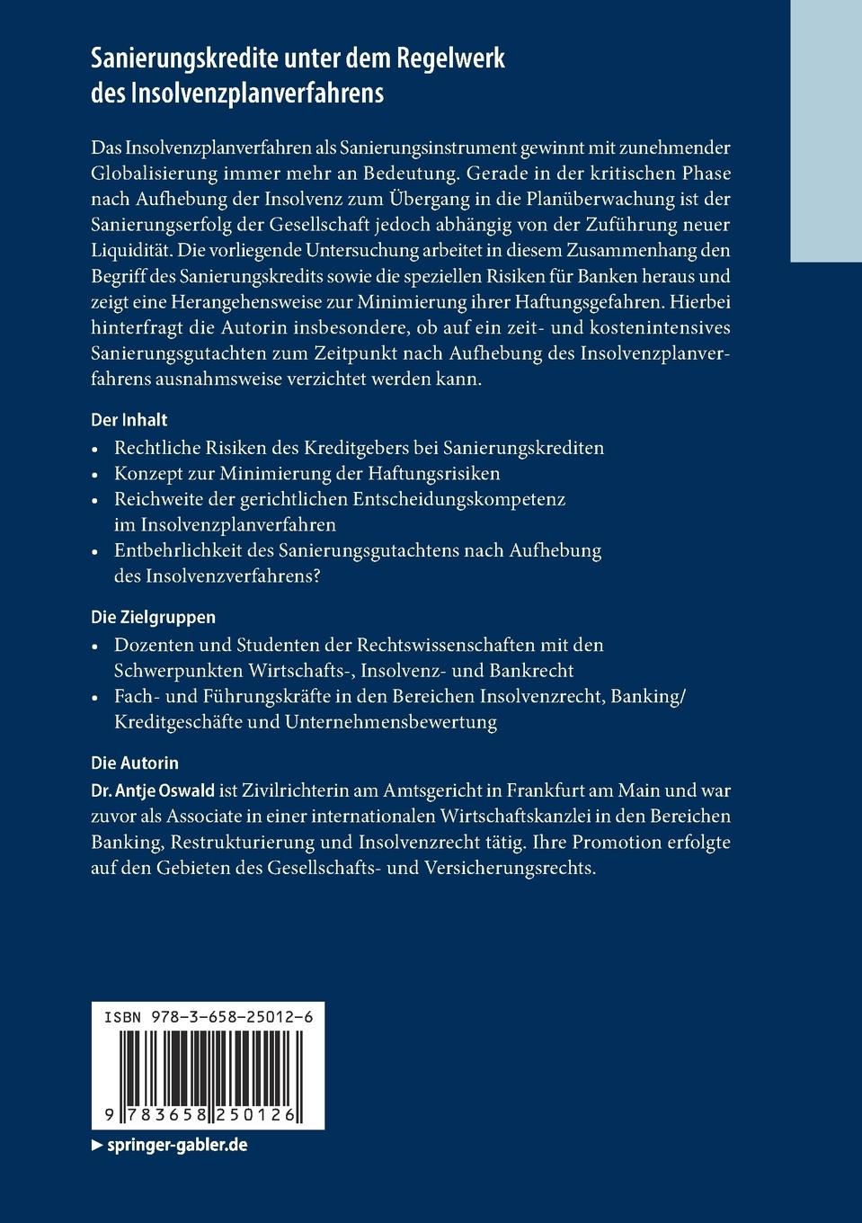 Rückseitencover Sanierungskredite unter dem Regelwerk des Insolvenzplanverfahrens