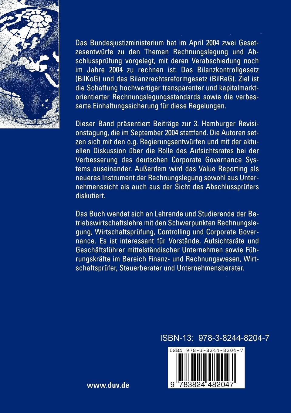 Rückseitencover Reform der Rechnungslegung und Corporate Governance in Deutschland und Europa