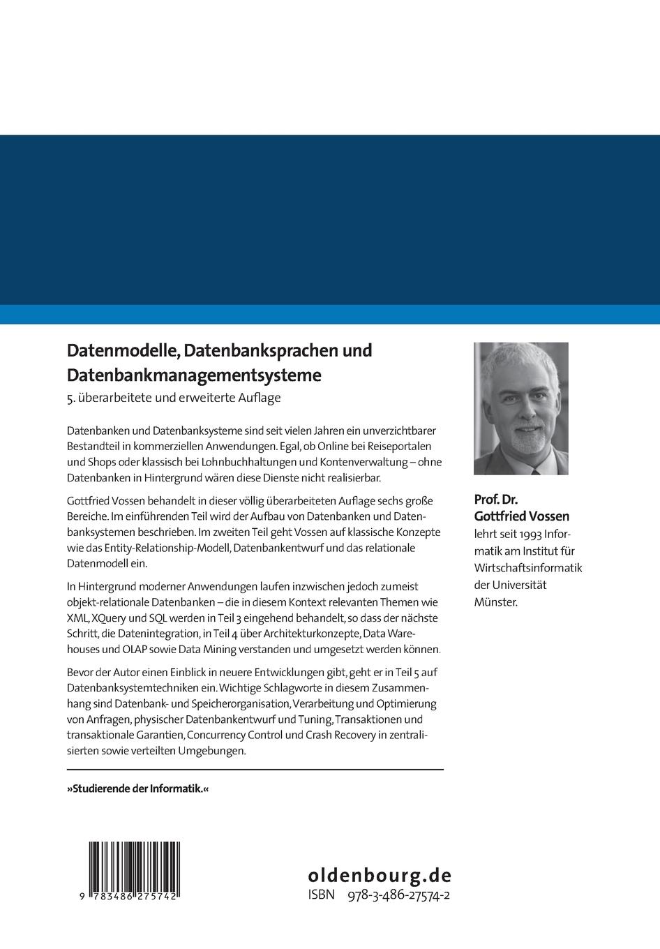 Rückseitencover Datenmodelle, Datenbanksprachen und Datenbankmanagementsysteme