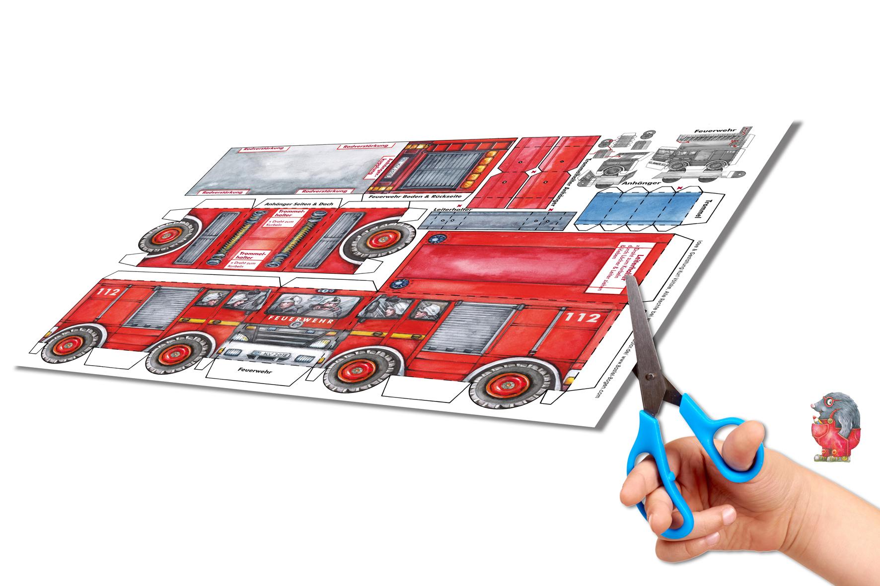 Beispielinhalt (Bild) Feuerwache Bastelbogen mit Feuerwehr