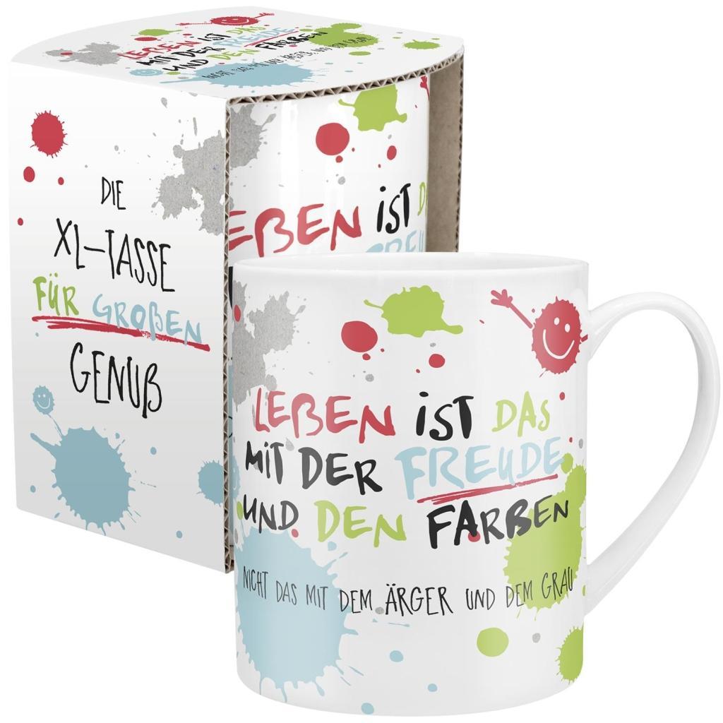 Vorderes Coverbild Happy Life 45358 XL Tasse mit Motivdruck: "Leben ist das mit der Freude und den Farben. Nicht das mit dem Ärger und dem Grau", mit Geschenkbanderole