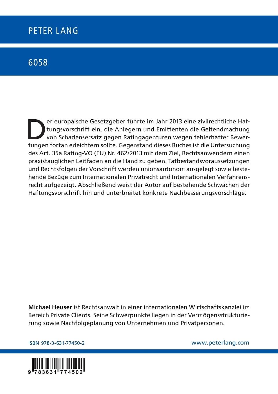 Rückseitencover Die zivilrechtliche Haftung von Ratingagenturen nach Art. 35a Rating-VO (EU) Nr. 462/2013