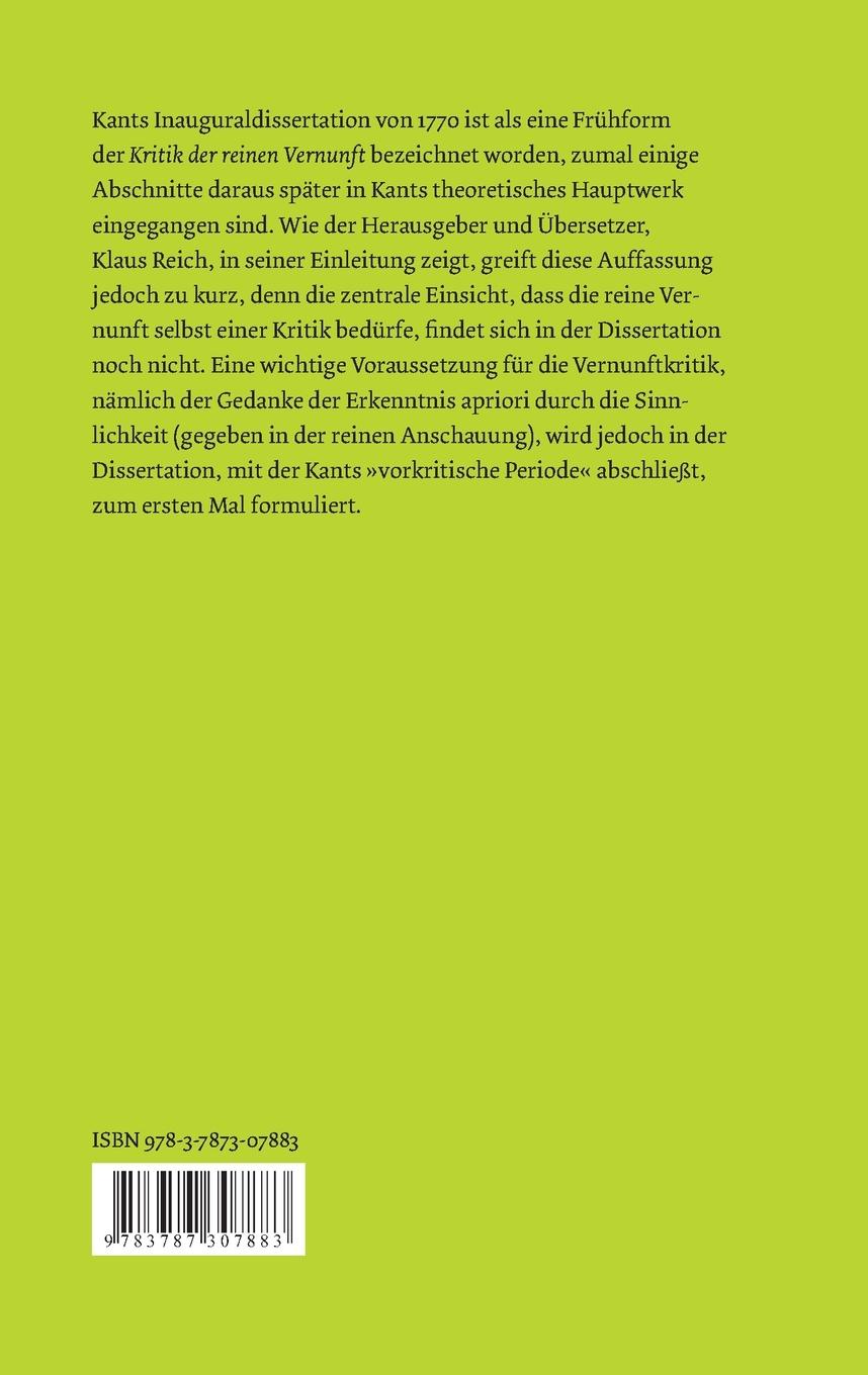 Rückseitencover De mundi sensibilis atque intelligibilis forma et principiis / Über die Form und die Prinzipien der Sinnen- und Geisteswelt