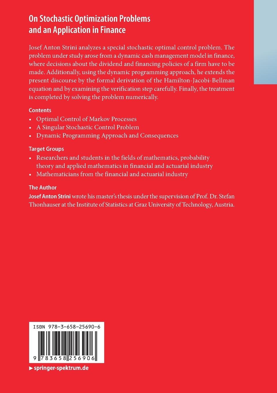 Rückseitencover On Stochastic Optimization Problems and an Application in Finance