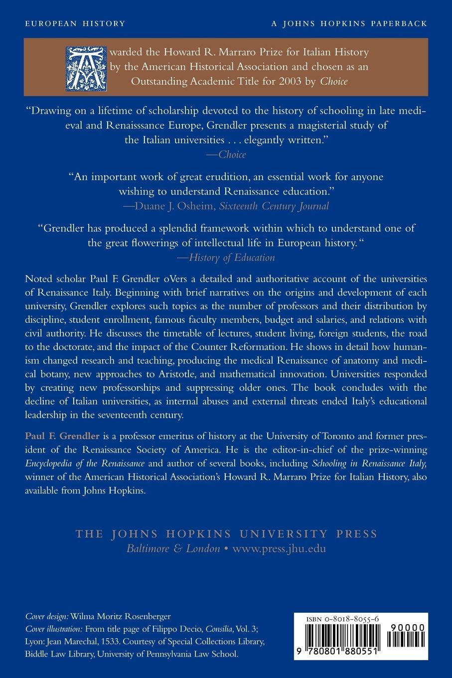 Rückseitencover The Universities of the Italian Renaissance