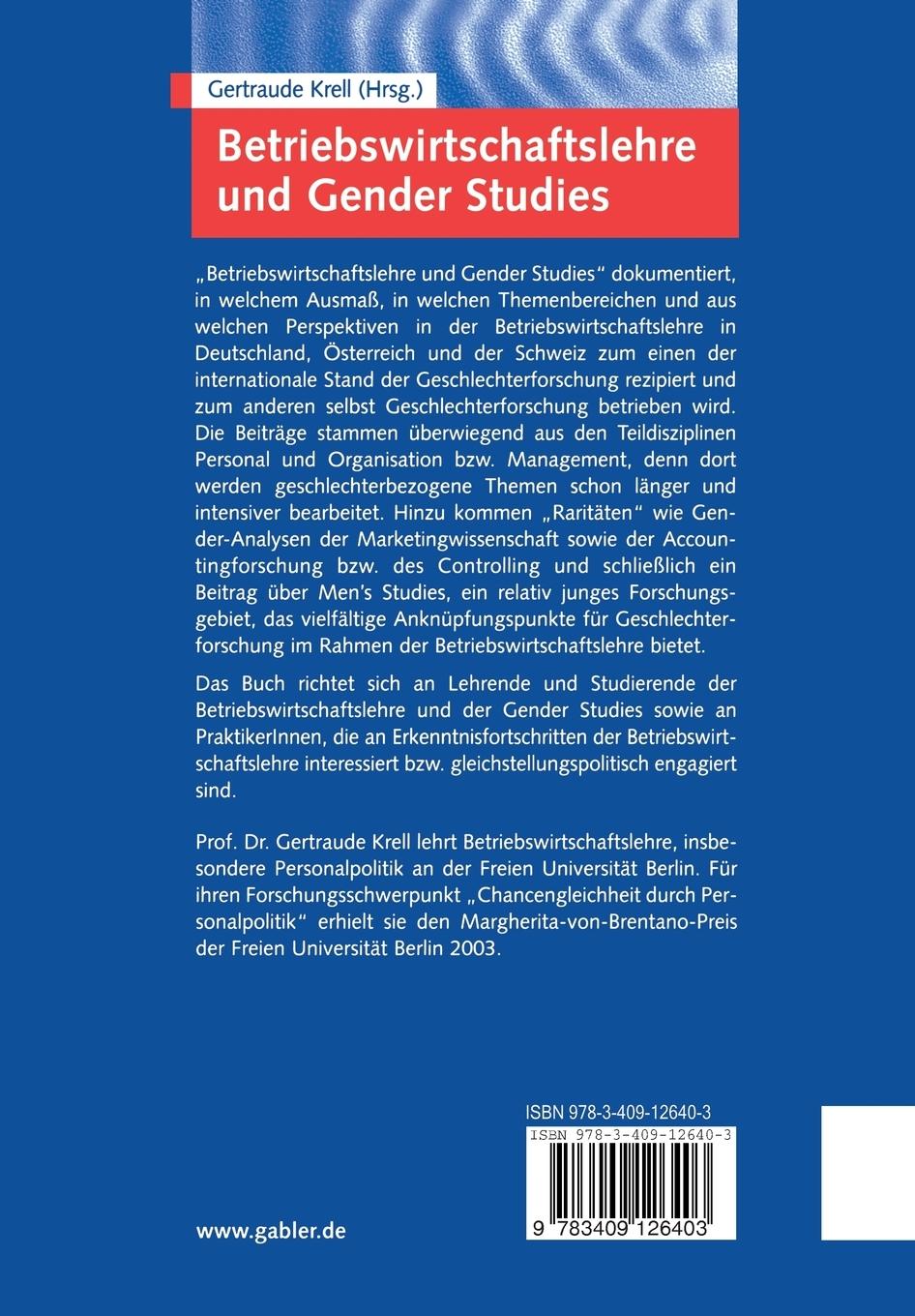 Rückseitencover Betriebswirtschaftslehre und Gender Studies