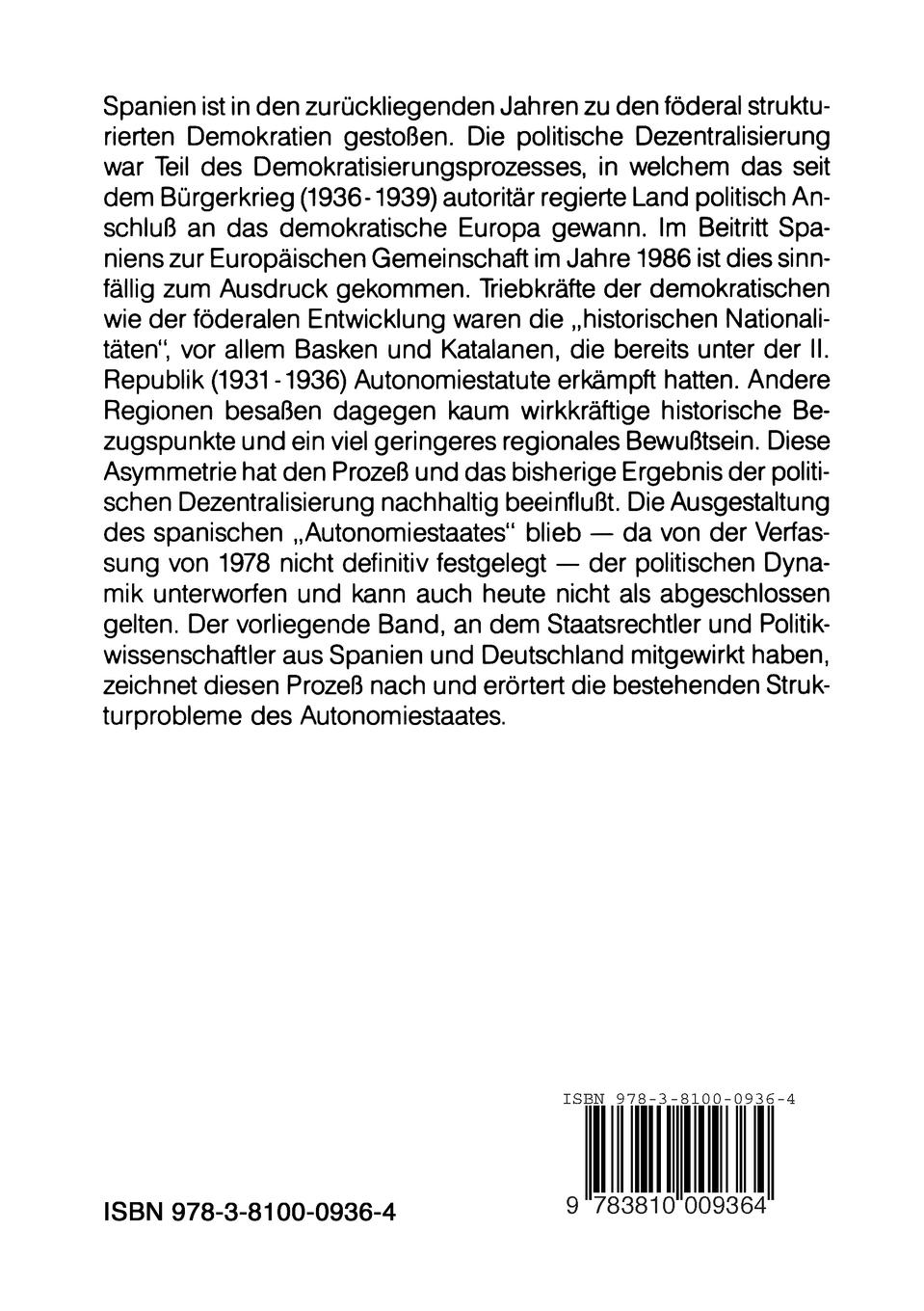 Rückseitencover Der Staat der Autonomen Gemeinschaften in Spanien