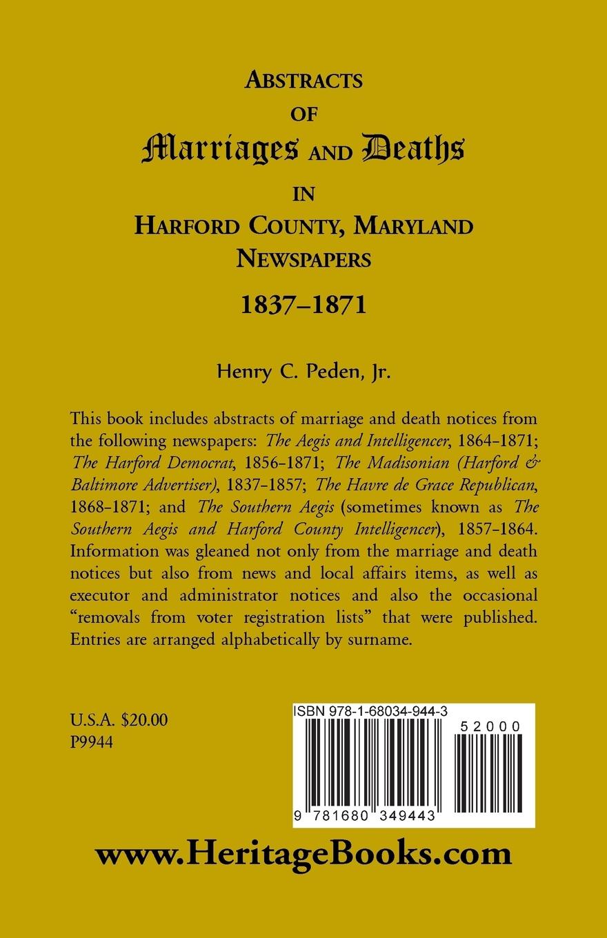 Rückseitencover Abstracts of Marriages and Deaths in Harford County, Maryland Newspapers, 1837-1871