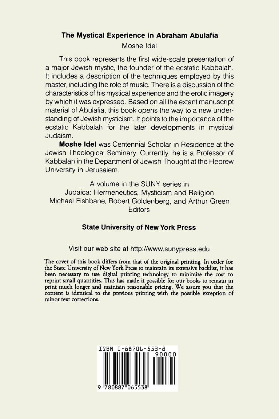 Rückseitencover The Mystical Experience in Abraham Abulafia