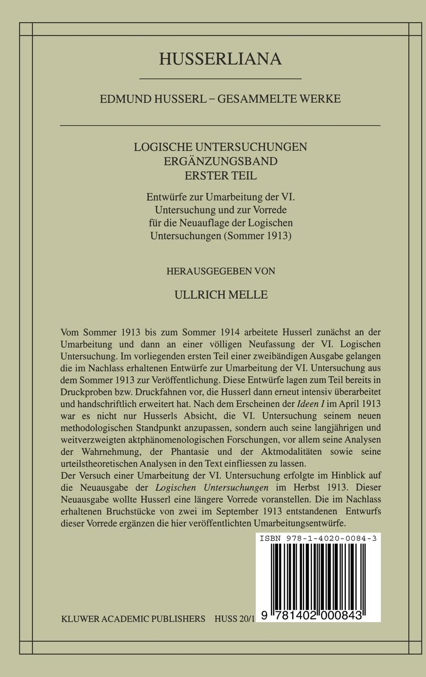 Rückseitencover Logische Untersuchungen Ergänzungsband Erster Teil