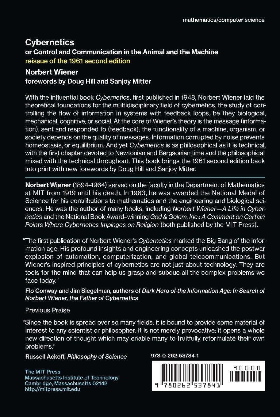 Rückseitencover Cybernetics or Control and Communication in the Animal and the Machine, Reissue of the 1961 second edition
