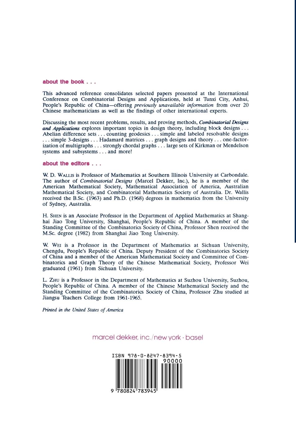 Rückseitencover Combinatorial Designs and Applications