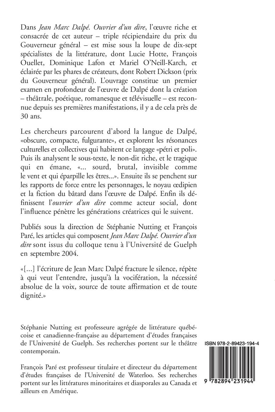Rückseitencover Jean Marc Dalpé. Ouvrier d'un dire
