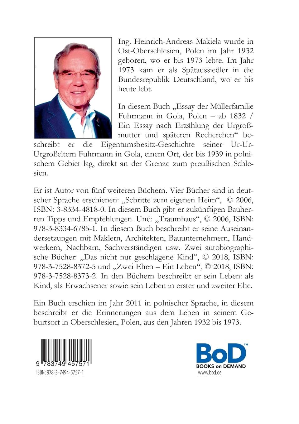 Rückseitencover Essay der Müllerfamilie Fuhrmann in Gola, Polen - ab 1832