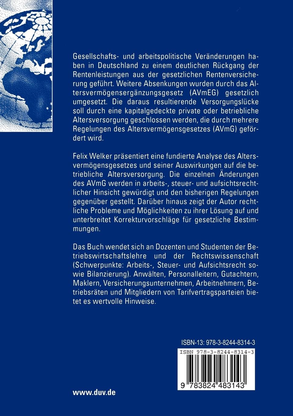 Rückseitencover Das Altersvermögensgesetz und seine Konsequenzen für die betriebliche Altersversorgung