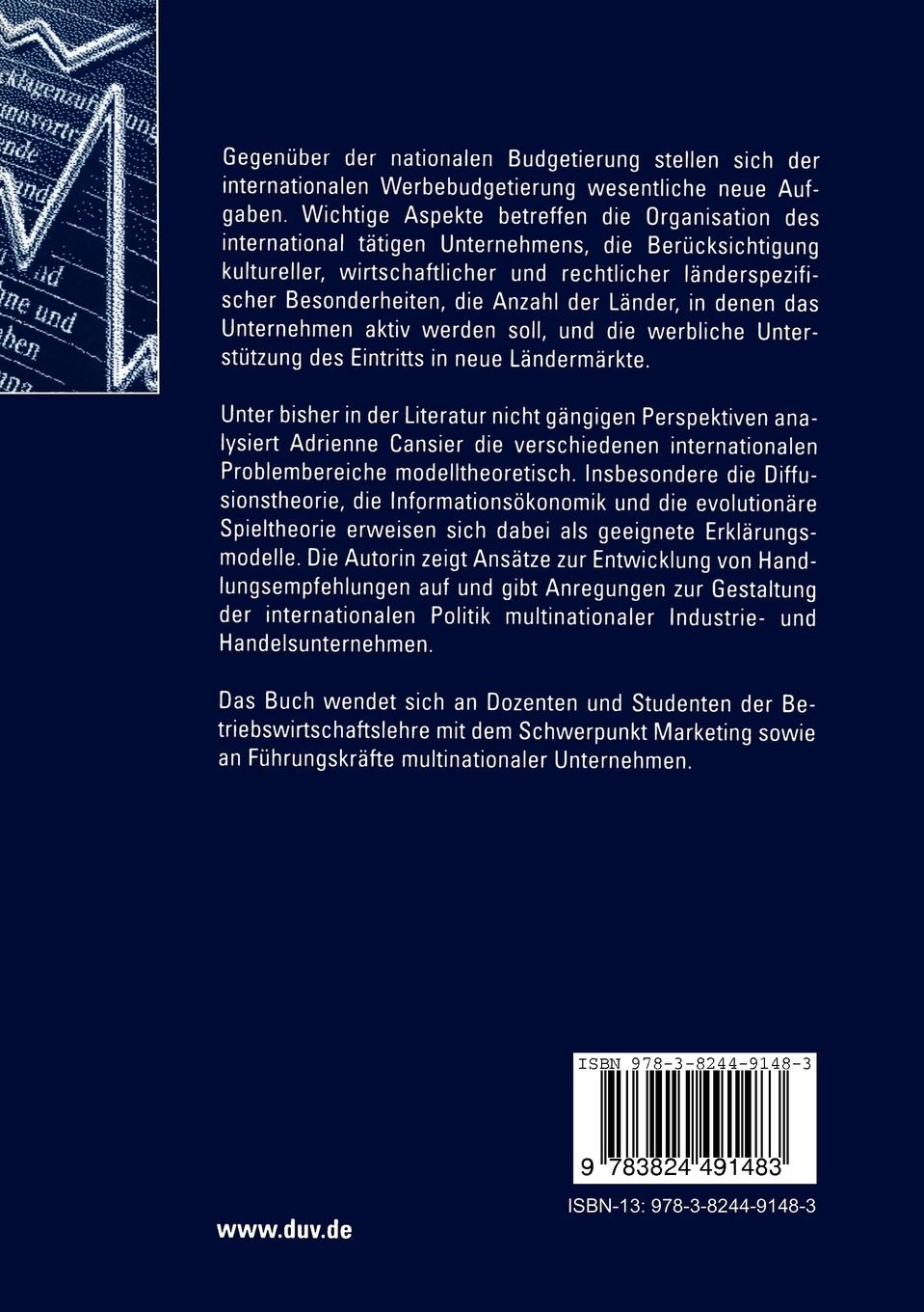 Rückseitencover Spezialprobleme der internationalen Werbebudgetierung