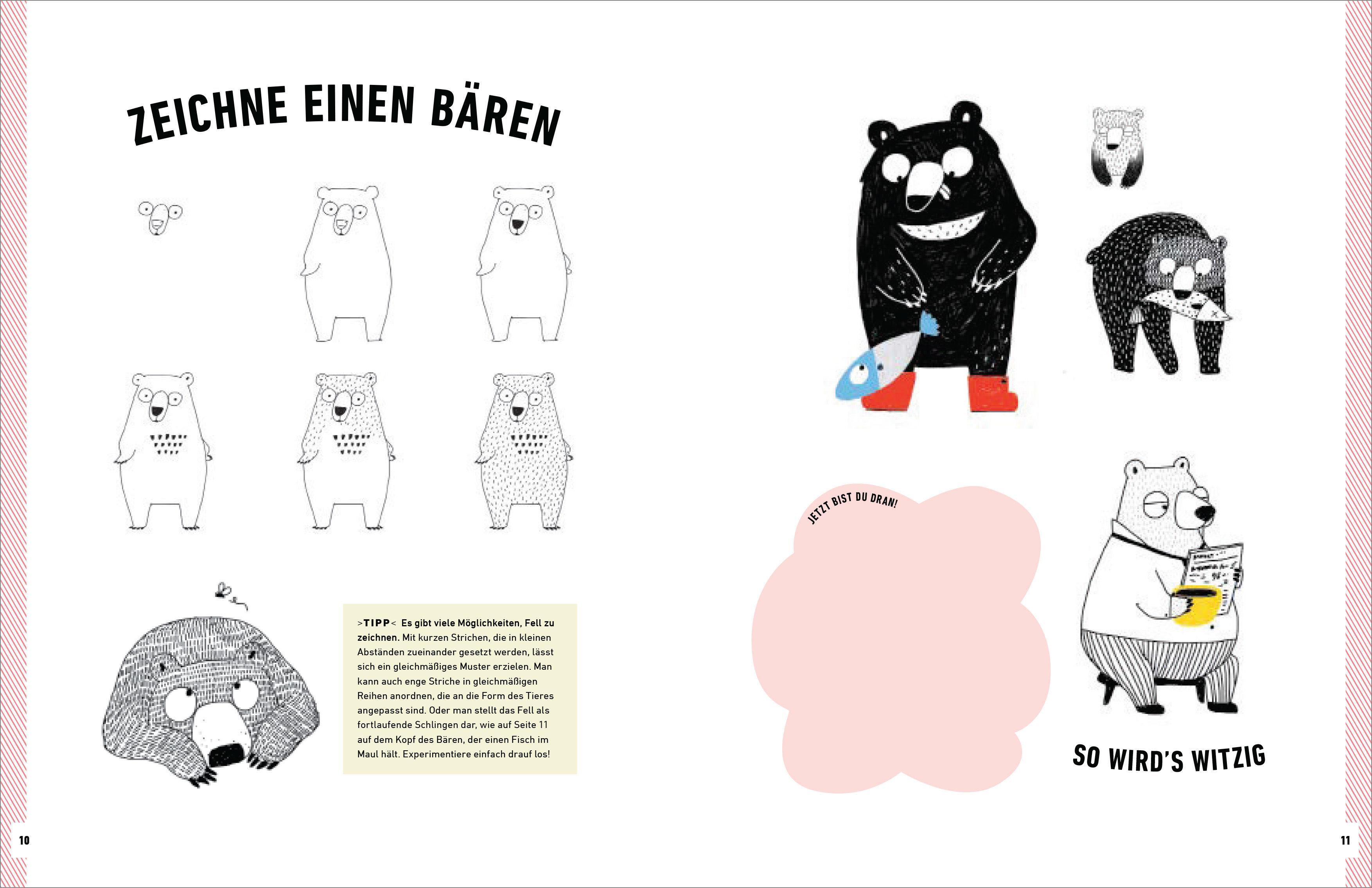 Beispielinhalt (Bild) Witzige Tiere zeichnen. Von Alpaka bis Waschbär - mit vielen individuellen Varianten - für Comic-, Cartoon- und Handlettering-Fans