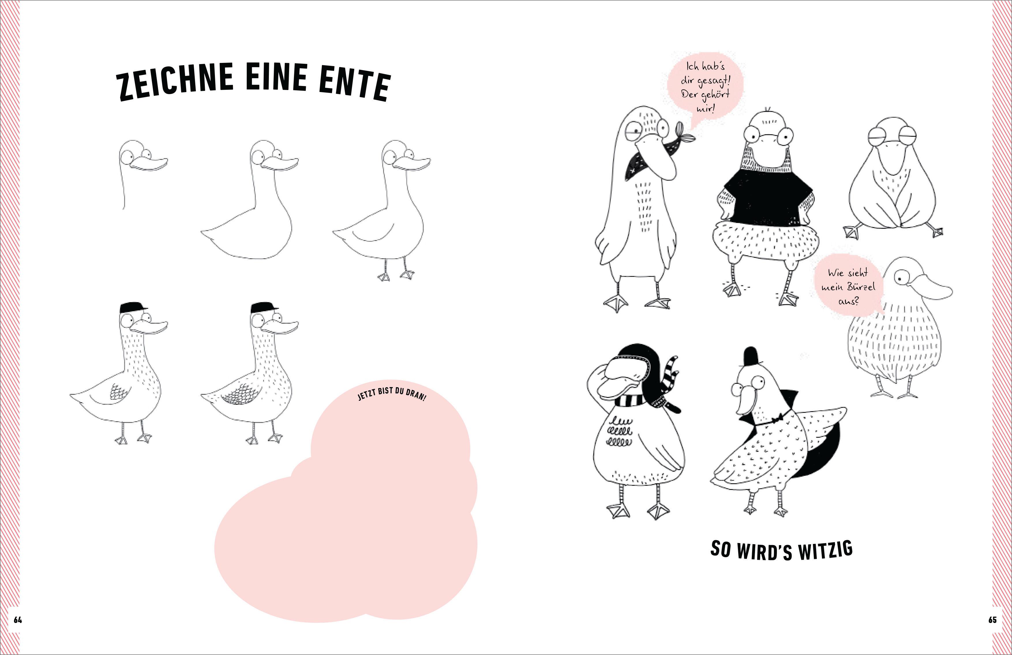 Beispielinhalt (Bild) Witzige Tiere zeichnen. Von Alpaka bis Waschbär - mit vielen individuellen Varianten - für Comic-, Cartoon- und Handlettering-Fans