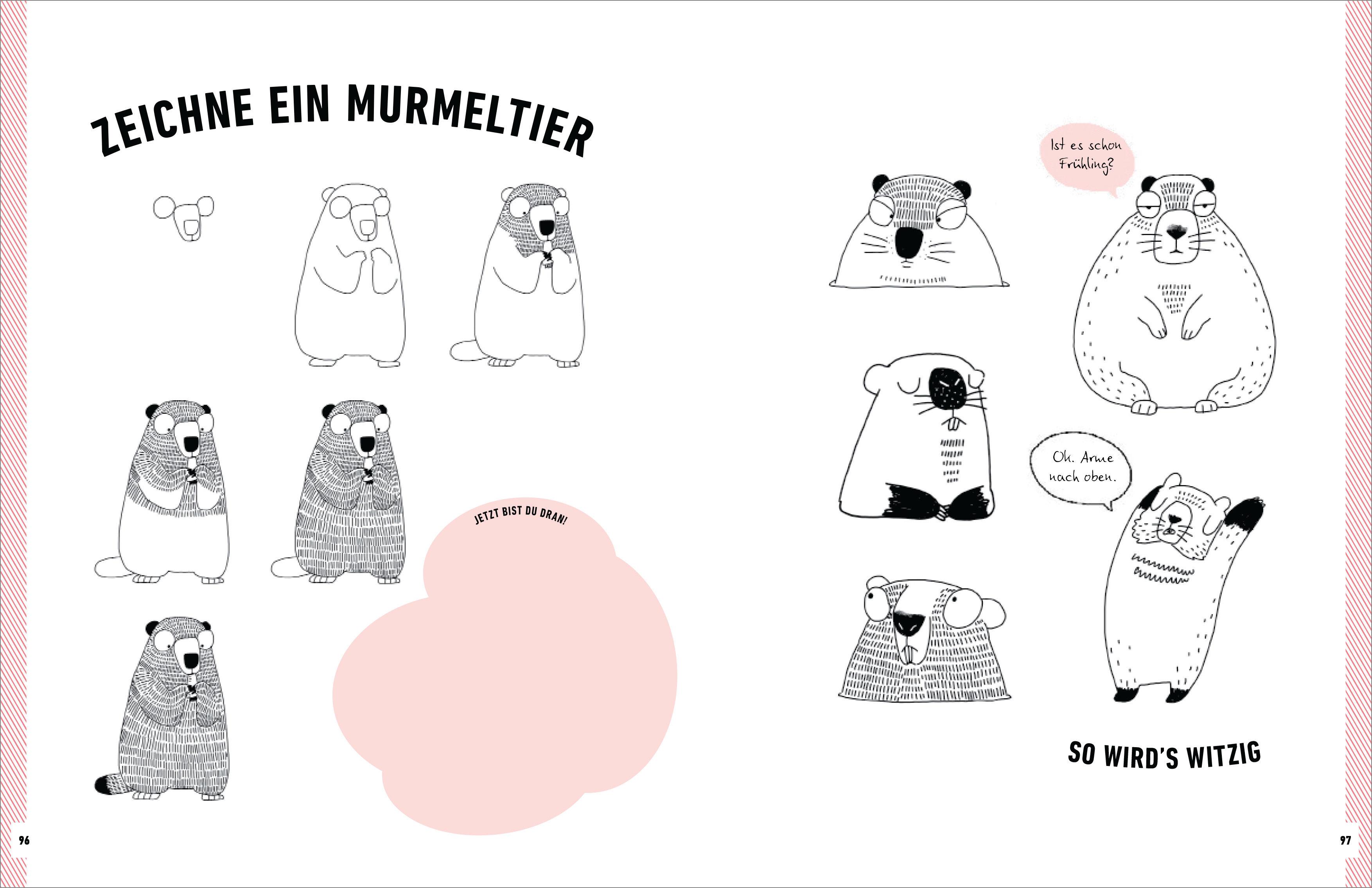 Beispielinhalt (Bild) Witzige Tiere zeichnen. Von Alpaka bis Waschbär - mit vielen individuellen Varianten - für Comic-, Cartoon- und Handlettering-Fans